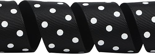 Miniatura 2 de Ribbli Grosgrain - Cinta para manualidades con lunares (78 pulgadas), carrete de 10 yardas, color negro con puntos blancos, uso para lazos para el