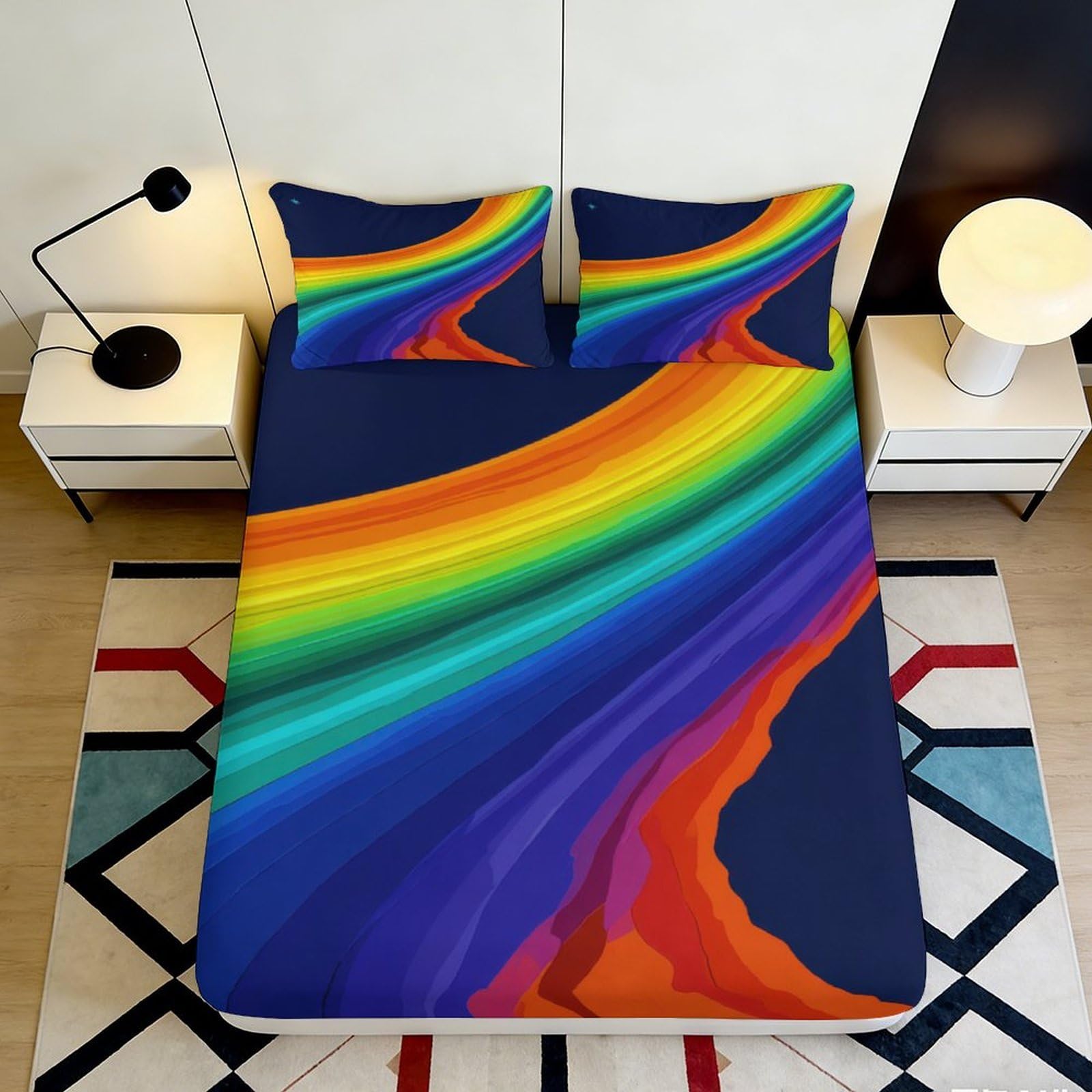 3D Printed Rainbow Wave Fitted Sheet Microfiber Soft Breathable Abstract Colorful Bed Cover for Bedroom Dormitory Guest Room Mattress Protection 200x200x25cm