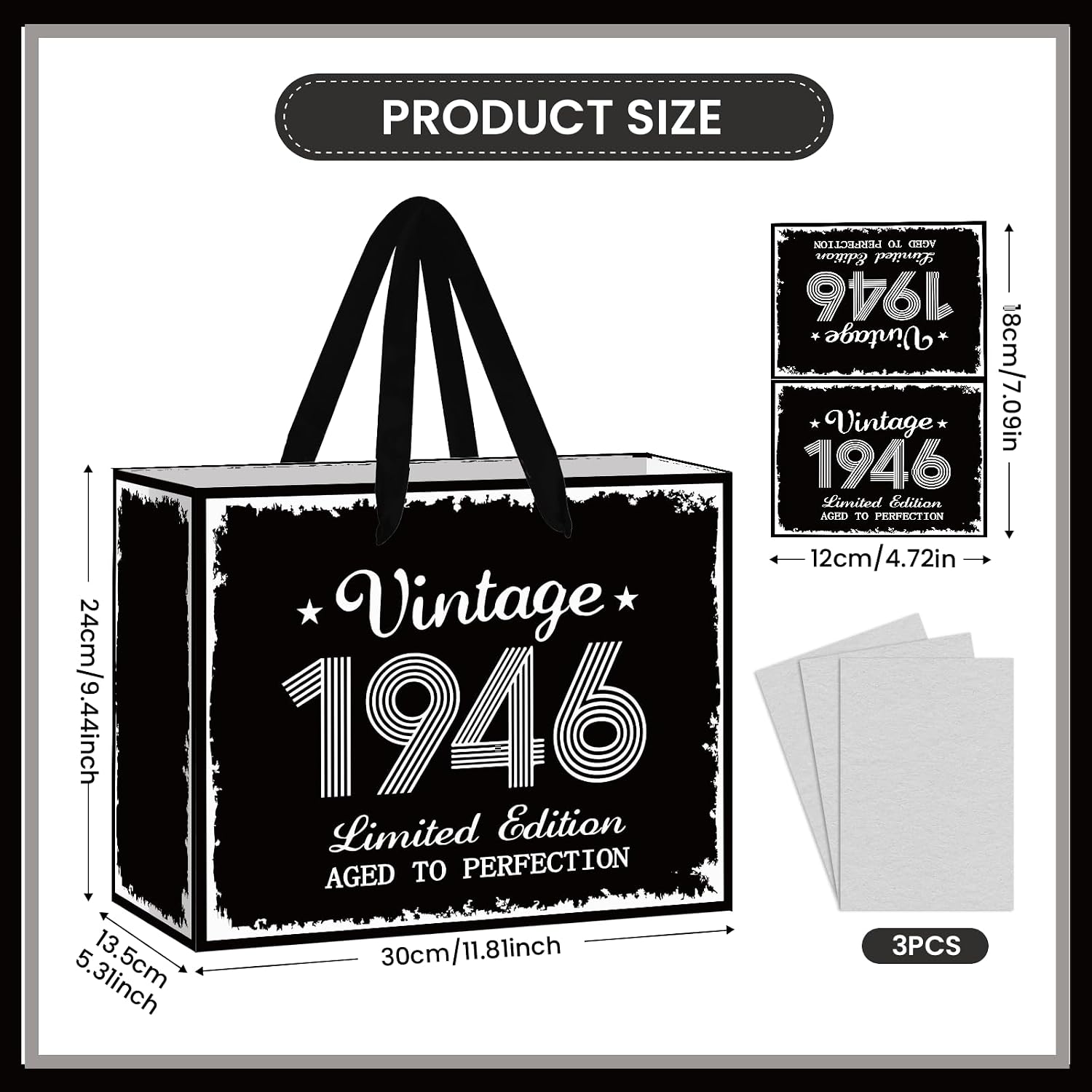 MOORIIY Vintage 80th Birthday Gift Bag with Tissue Paper and Card 80th Birthday Wrapping Paper Black Vintage 1946 Gift Bag 80 Years Old Anniversary Bday Party Decorations Supplies for Men Women image 2