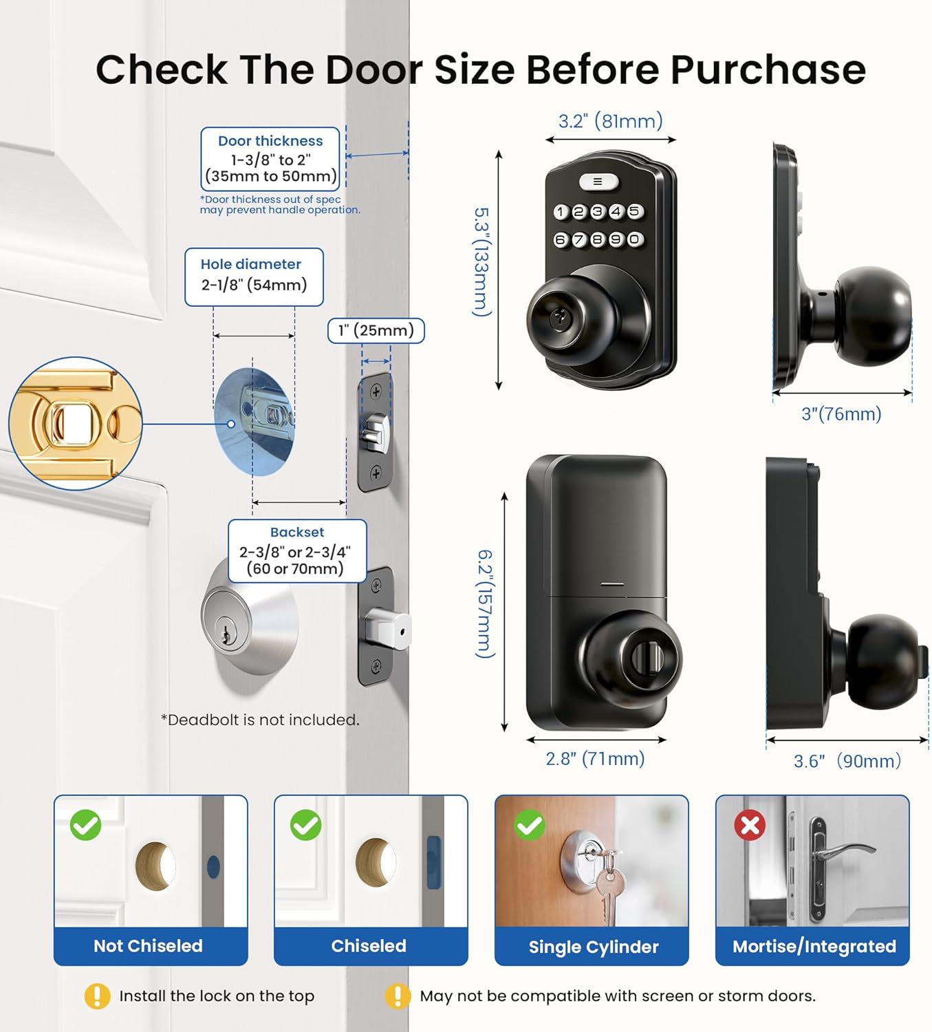 Veise Keypad Door Knob Lock, Keyless Entry Digital Lock with Handle, Electronic Smart Knob for Front Door & Bedroom, Easy Install, Auto Lock, Passage Mode, Anti-Peeping Password, Matte Black