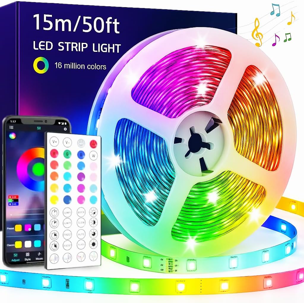 ArtisLigth 50FT LED Strip Lights – RGB Color Changing Light Strip with App & Remote Control, Music Sync, Adhesive LED Lights for Bedroom, Party, Home, Wedding Decor