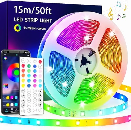 ArtisLigth - Tira de luces LED de 50 pies, tira de luz RGB que cambia de color con aplicación y control remoto, sincronización de música, luces LED