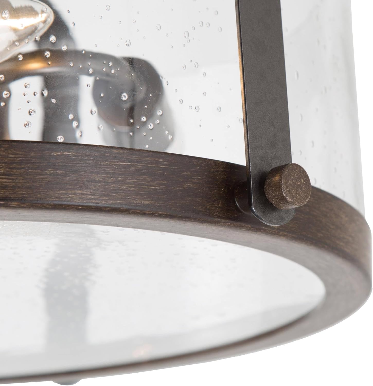 LALUZ Semi Flush Mount Ceiling Light Fixture, 3-Light Farmhouse Close to Ceiling Lighting with Seeded Glass Shade and Faux Wood Metal Frame for Bedroom, Hallway, Kitchen, Foyer, Closet, Dia 14"