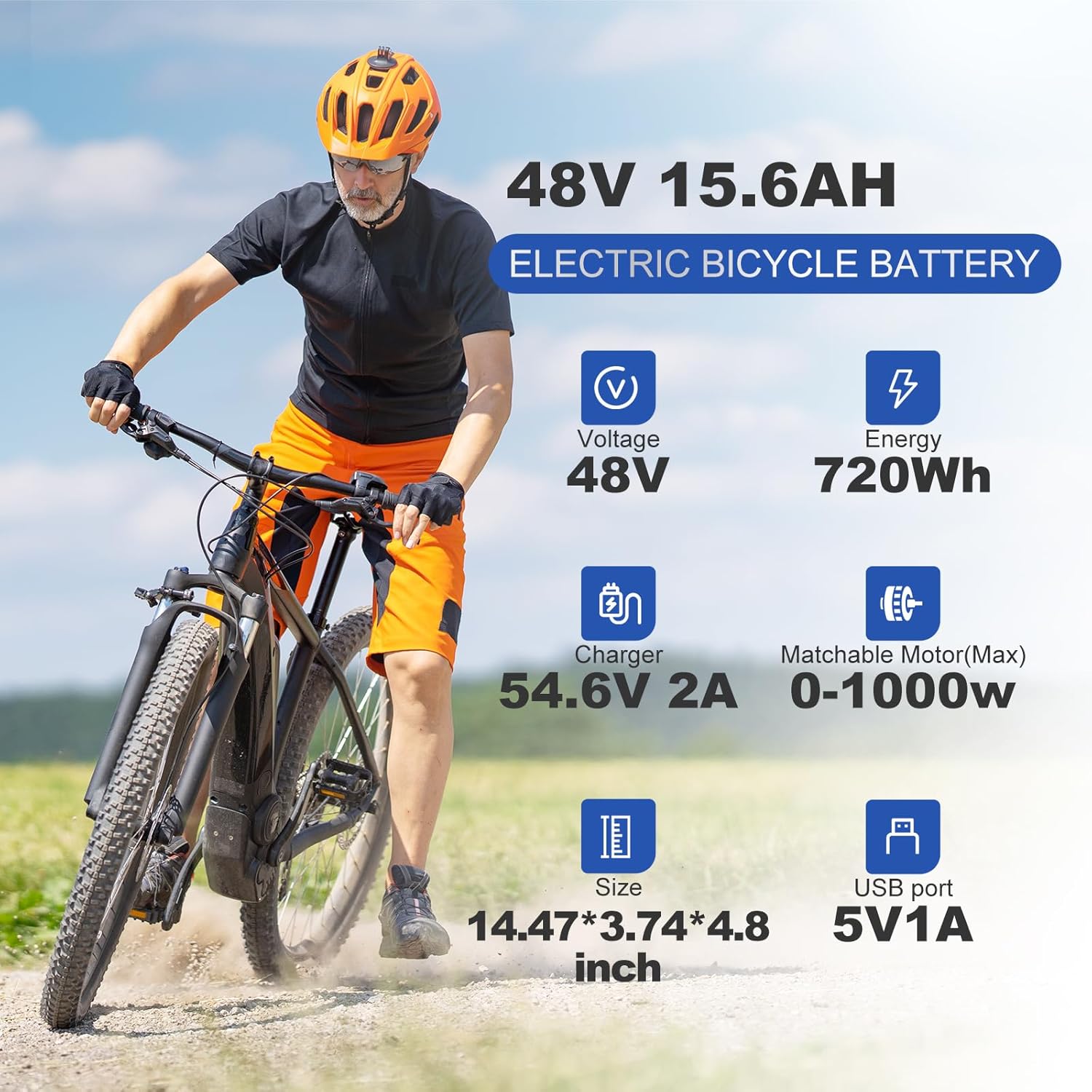 UAZ 36V 48V 52V 4 Pin 10.4AH 15.6AH 20AH with 40A BMS, Safe Lock, LED Indicator Light, USB Port, for 250-1500W E-Bike, Scooter, Electric Bicycle (48V15.6AH-4Pin)