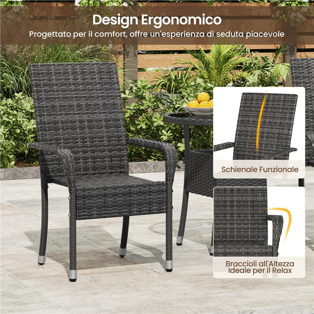 Yaheetech Set di 2 Sedie Impilabili in Rattan Sedia da Giardino con Braccioli Piedini Regolabili e Schienale per Esterno Balcone Patio Terrazza Grigio