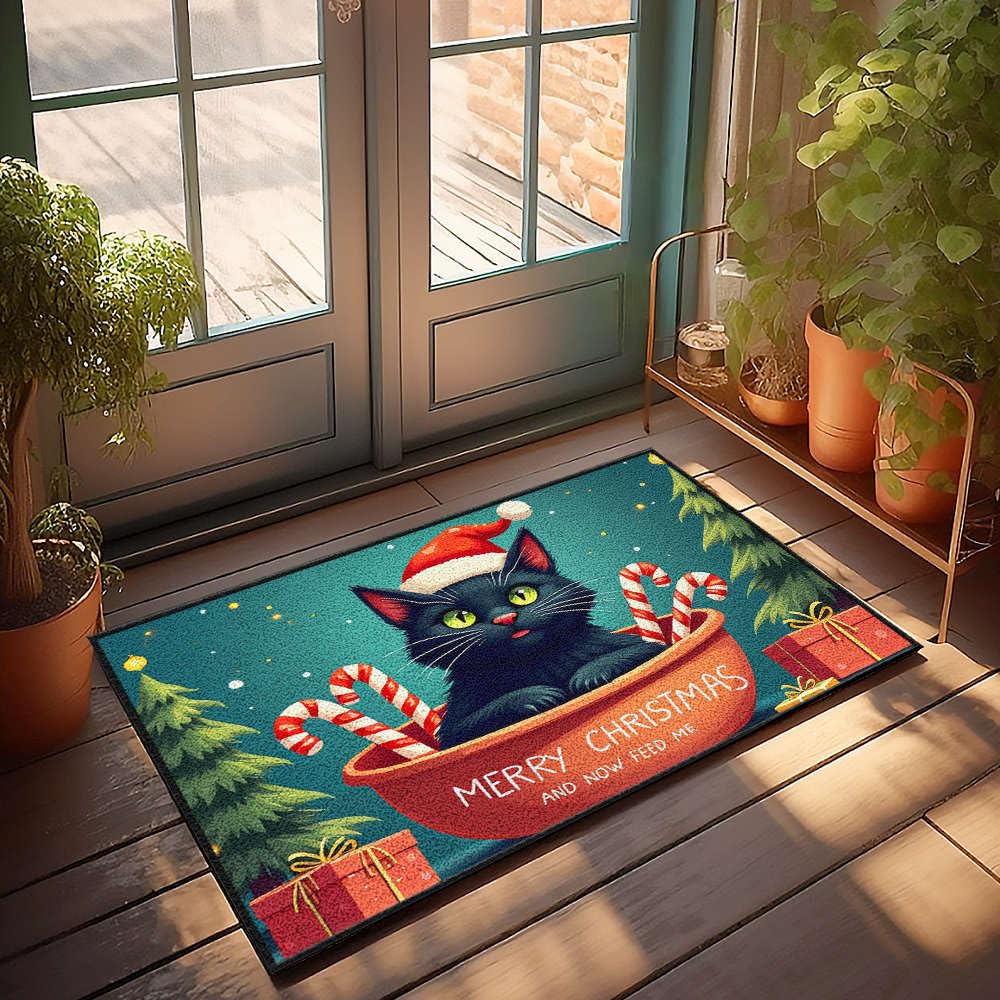 Paillasson de bienvenue grand format avec motif chat noir et confiseries de Noël