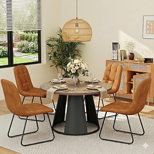 Miniatura 11 de Juego de mesa de comedor redonda de 47.2 pulgadas para 4 mesas de madera modernas con 4 sillas tapizadas de cuero, base de pedestal de metal, Mesa