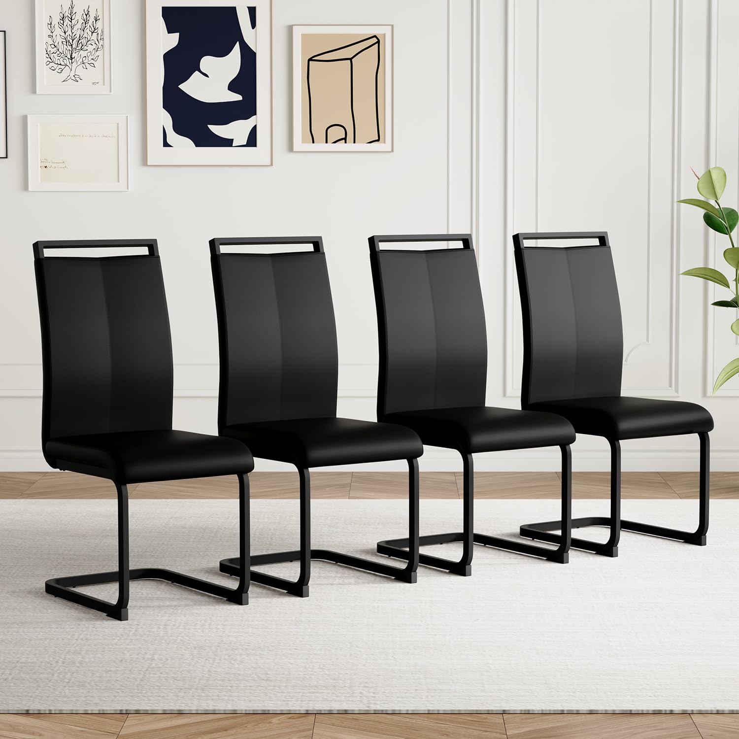 Modern Leather Dining Chairs Set of 4,Armless Kitchen Chairs,Dining Room Chairs with Upholstered Padded Seat and Sturdy Chrome Legs for Dining Room,Kitchen (Set of 4, Black-Black Leg)