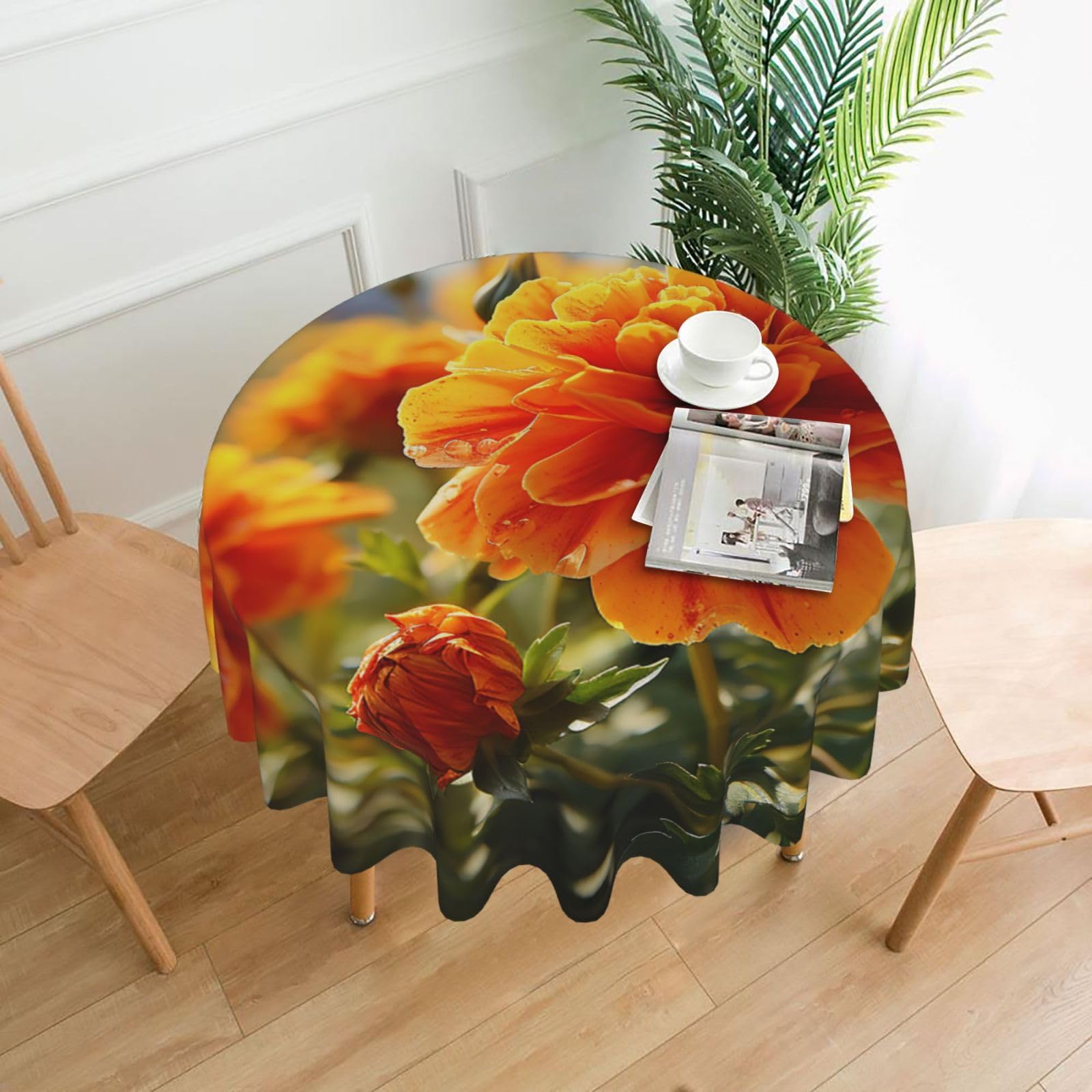 Fodpand Black Marigold Flower Autumn Flowers Tablecloths For Round Tables 60 Inches - Reusable And Washable Kitchen Table Clothes Decorative Table Cover For Dining Tables, Buffet Parties, Wrinkle Resistant