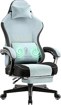 Dowinx Gaming Chair, Breathable Fabric Computer Chair with Pocket Spring Cushion, Ergonomic Massage Gamer Chair with Lumbar Support and Footrest, Height Adjustable Office Game Chairs for Adults, Aqua