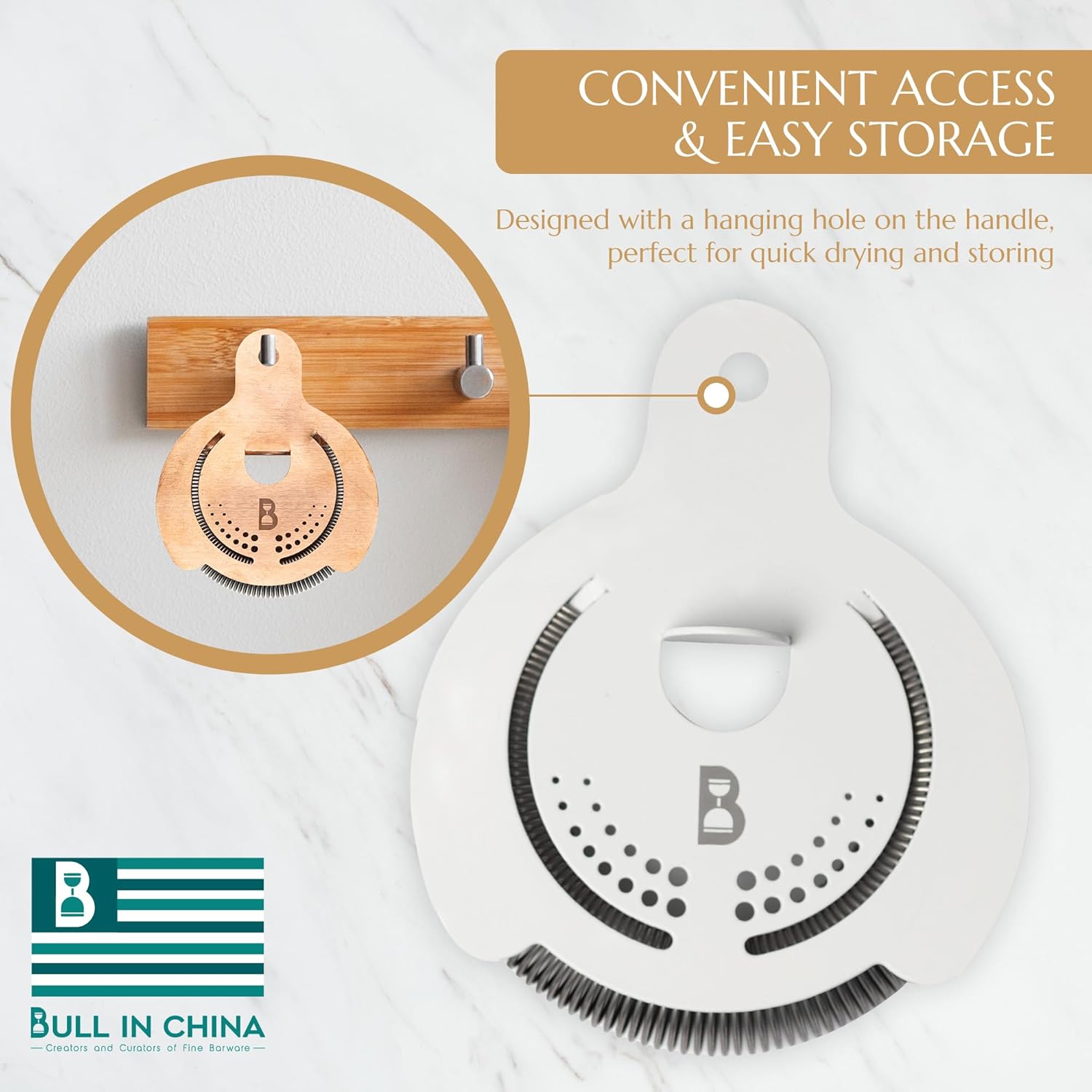 Hawthorne Strainer by Bull in China In Matte White - Made In USA - High Density Spring Cocktail Strainer for Boston Shakers and Mixing Glasses for Bars & Bartenders