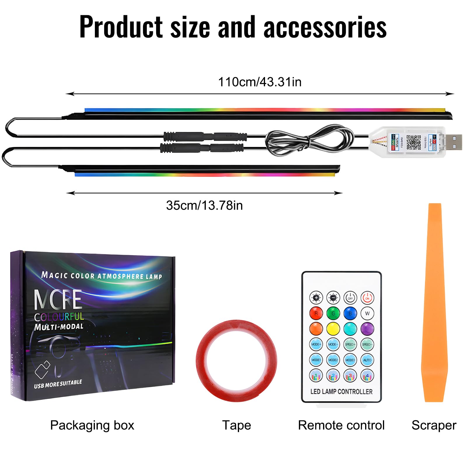 Illuminazione d'atmosfera dell'automobile, 2 In 1 Fibra Ottica Auto Interni, 110 Cm+35 Cm Luci Led Auto Interno, Led Macchina Interni Con 220 Modalità Dinamiche