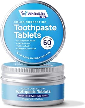 Whitebite Pro Color Correcting Purple Toothpaste Tablets Natural Whitening & Fresh Breath with Nano Hydroxyapatite | Fluoride-Free, Plastic-Free, Travel-Friendly Toothpaste & Mouthwash 60 Tabs