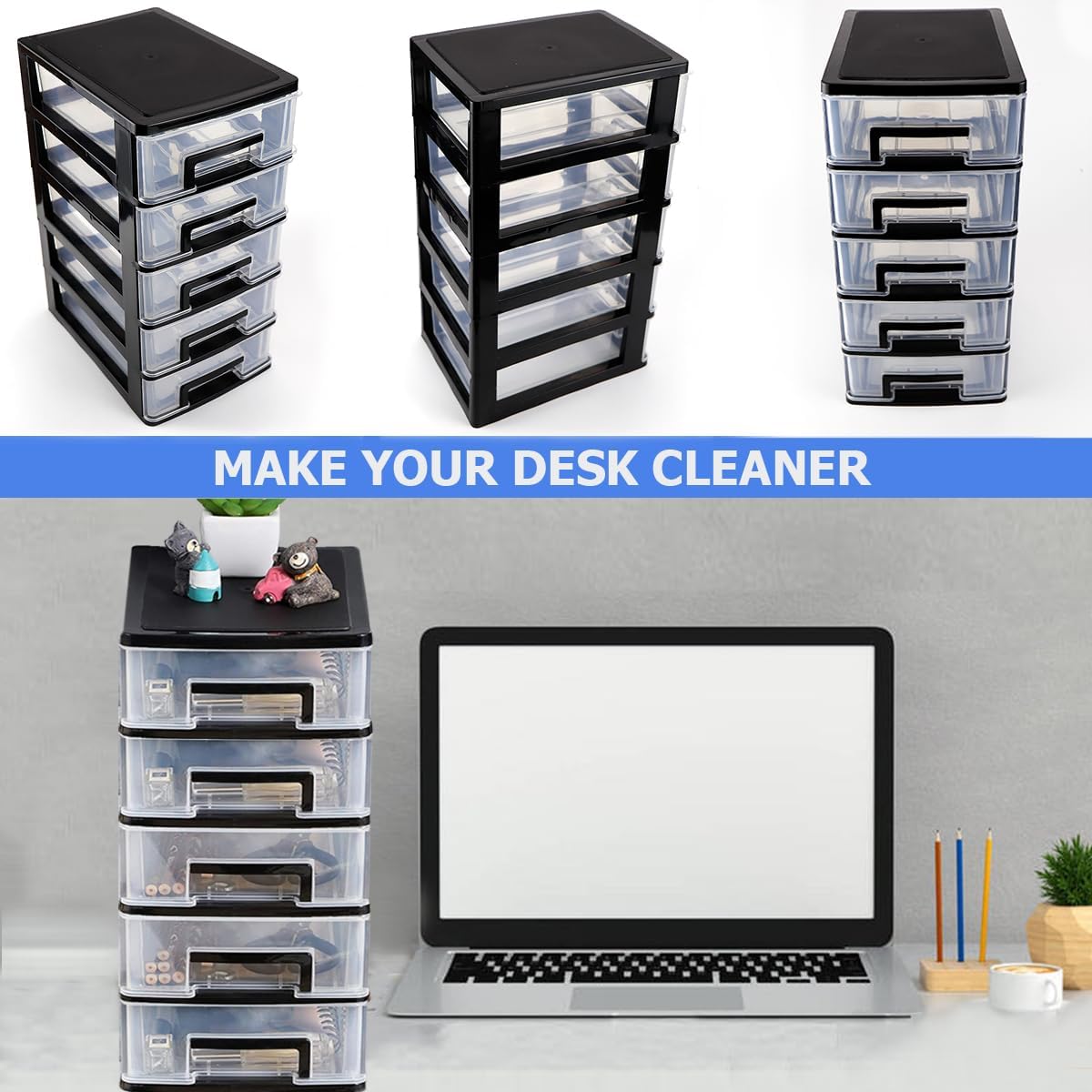 Plastic Desk Organizer,Desk Storage Box with 5 Drawers,Cosmetics Jewelry Storage Box Multifunction Storage Rack for Office School Home (Black &Transparent)