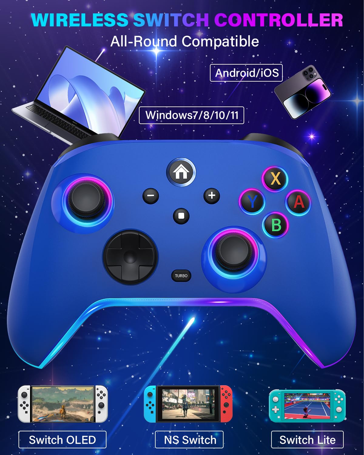 Wireless Switch Controllers for Nintendo Switch/OLED/Lite/Switch 2, 1200mAh Pro Controller with 10 Color LED Lights, Rechargeable Switch Control Gamepad with Turbo, Vibration, 6-Axis Gyro, Wake Up