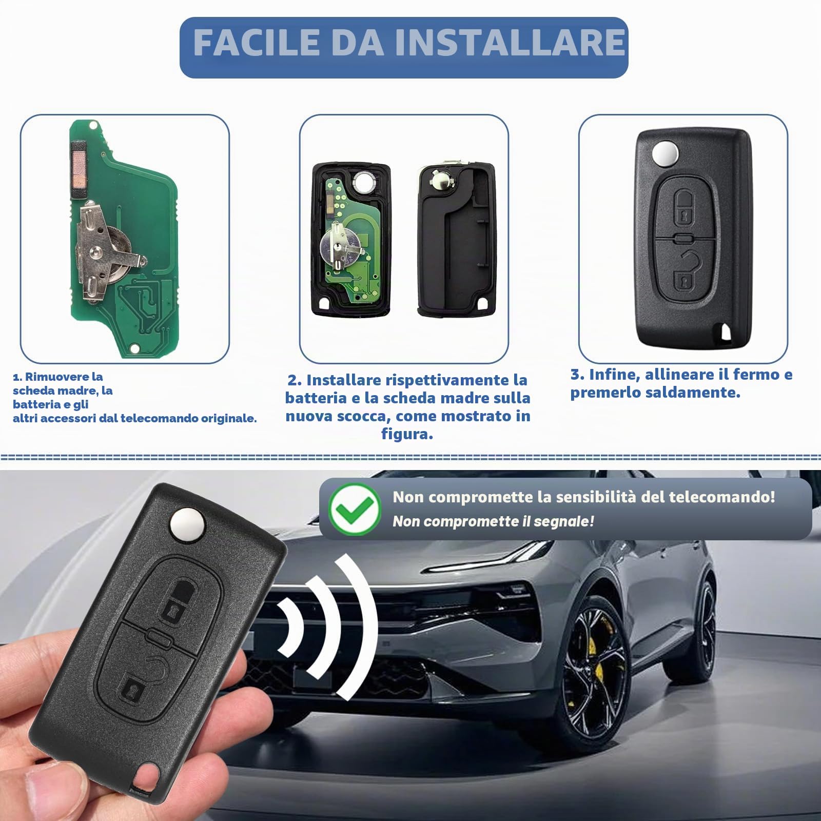 Telecomando Chiave Auto 2 Pulsanti Guscio Pieghevole Compatibile Peugeot 207 307 308 3008 5008 Partner Citroen C3 C2 C4 C5 C6 C8