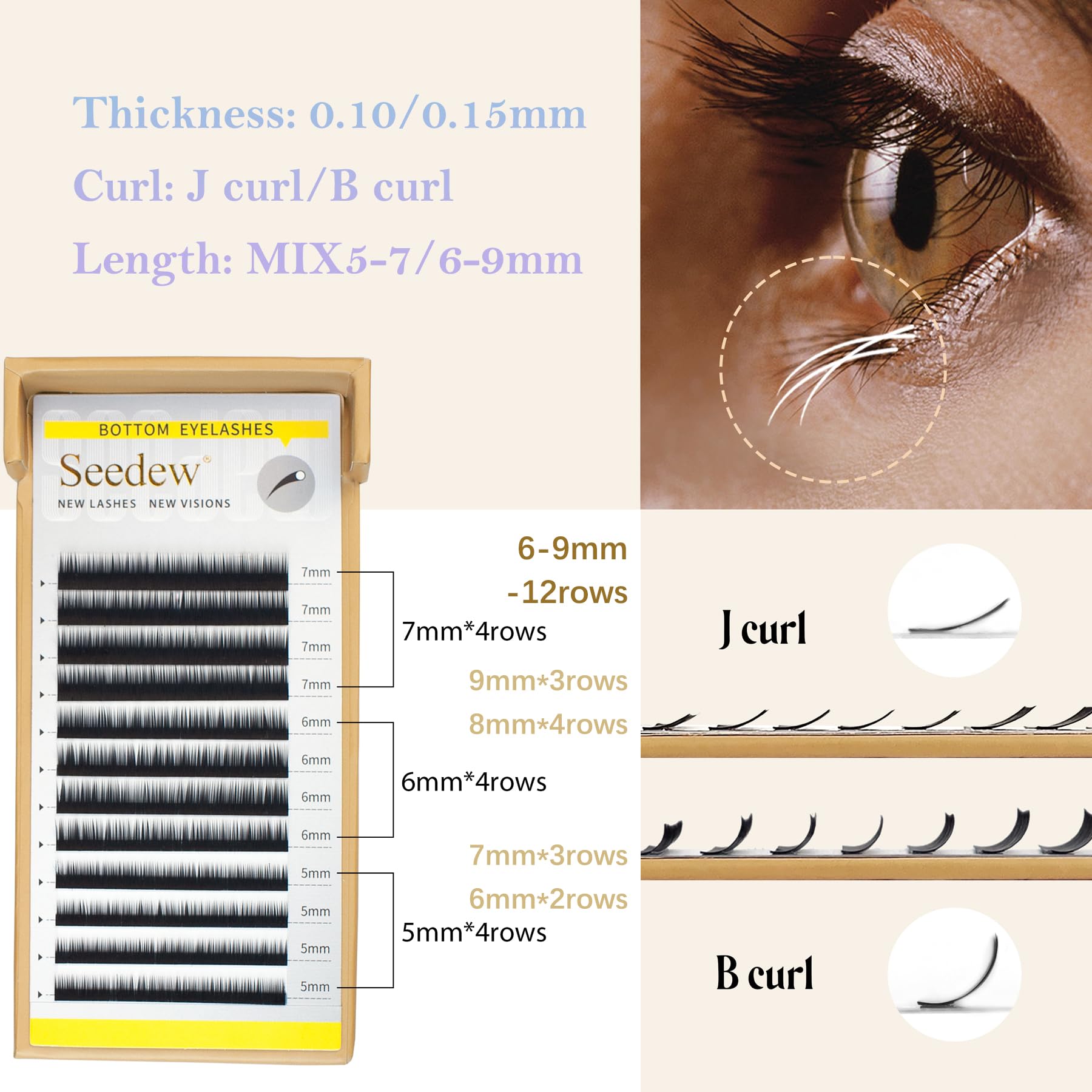 SEEDEW Bottom Lash Extensions, 0.15mm B Curl MIX5-7mm 12 Rows/Tray - Image 4