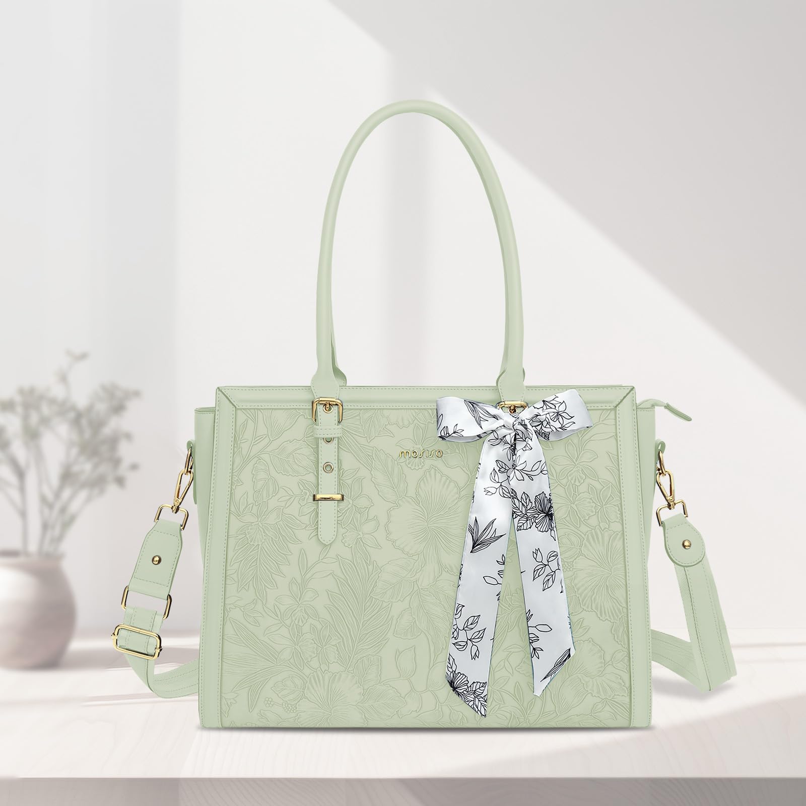 MOSISO 17,3 Pulgadas PU Maletin Portatil de Mujer, Compatible con MacBook | /HP,Dell,Asus Notebook,Frente Relieve Retro Hibiscus Oficina Ordenador Bolsa con Seda Pañuelo&Monedero,Verde Salvia