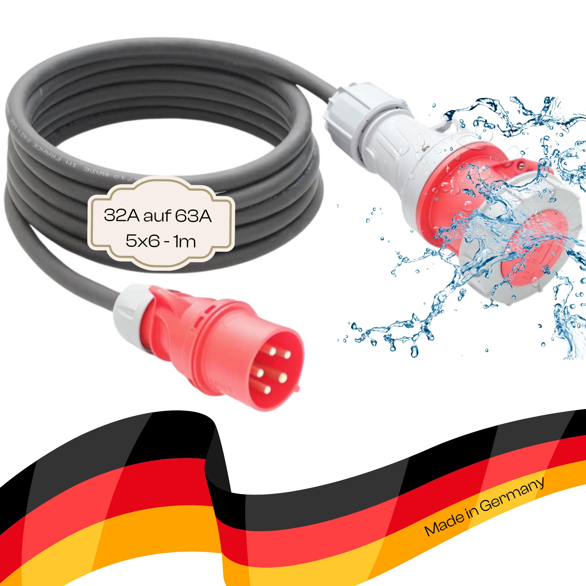 Adapterleitung für Starkstrom CEE Verlängerungskabel H07RN-F 5G6mm² 32A Stecker auf 63A Kupplung zum Anschluss von schweren Maschinen, und Werkzeugen (1)