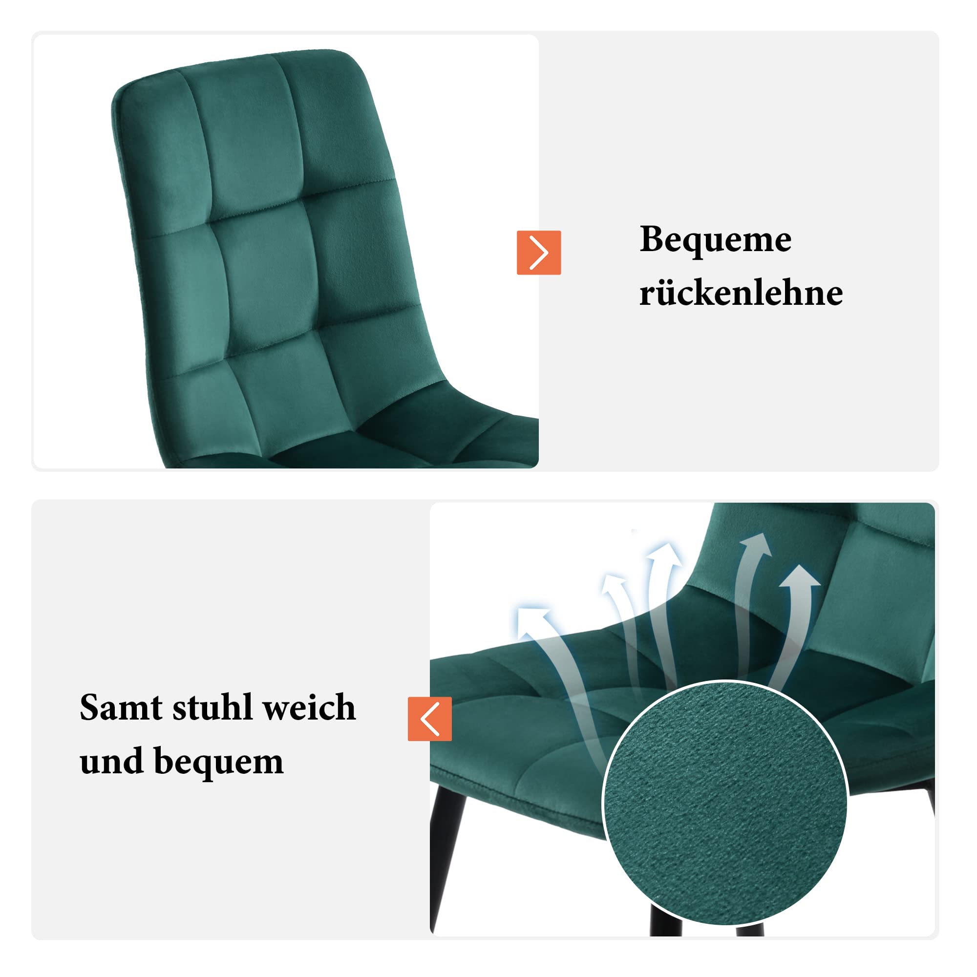 Ensemble de salle à manger avec 4 chaises - Table de cuisine rectangulaire - En velours - Vert foncé - Pieds en métal noir - Aspect marbre - 117 x 68 x 75 cm