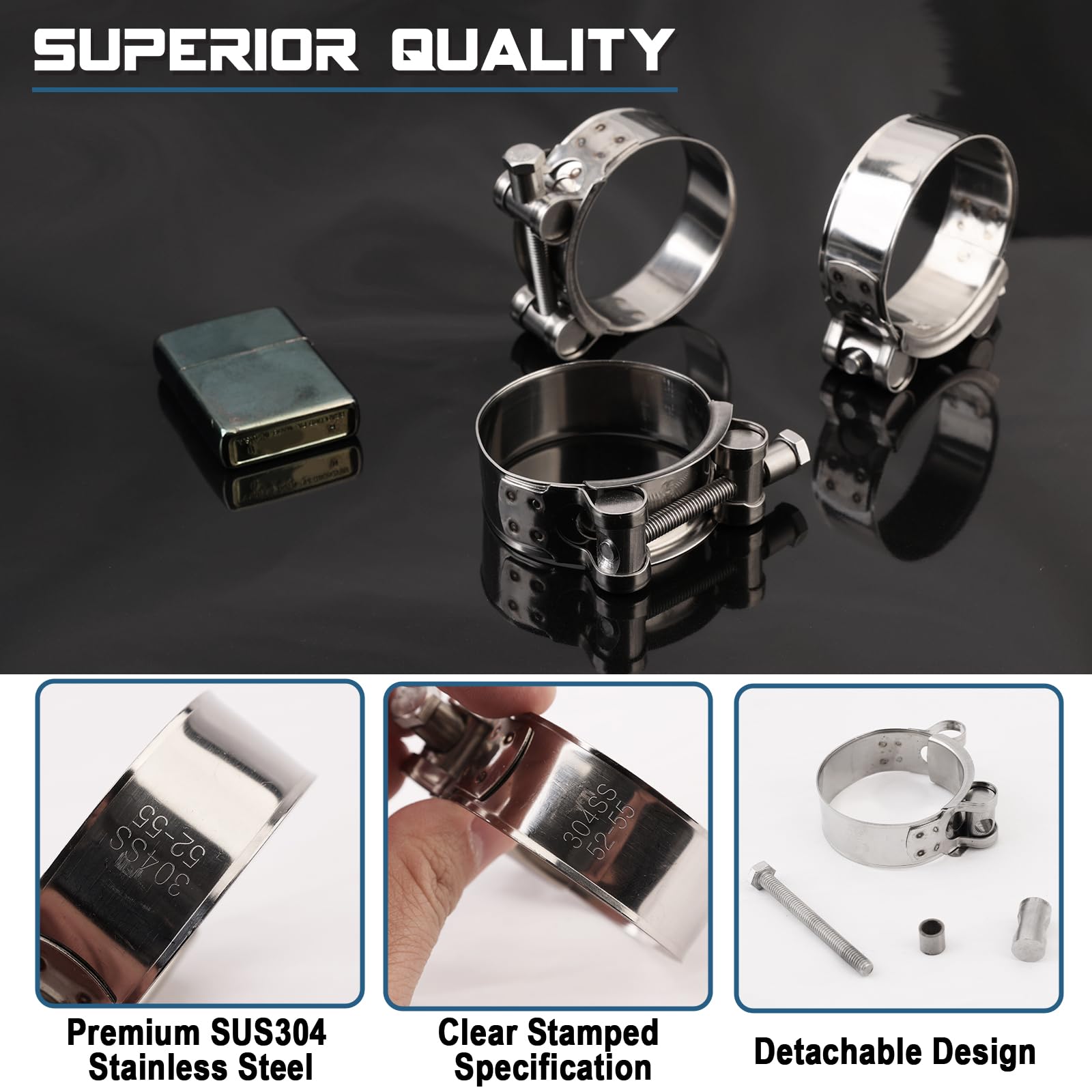 3 szt. obejmy do węża typu T ze stali nierdzewnej, 52-55 mm, regulowana obejma śrubowa przegubowa, obejmy szczęk napinających, turbo ssące, super obejma węża z pojedynczym bolcem do rury
