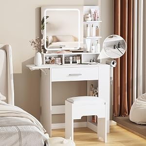 Makeup Vanities That Make Getting Ready Feel Like a Ritual Fameill Lit Vanity Desk with Mirror and Hollywood Lights