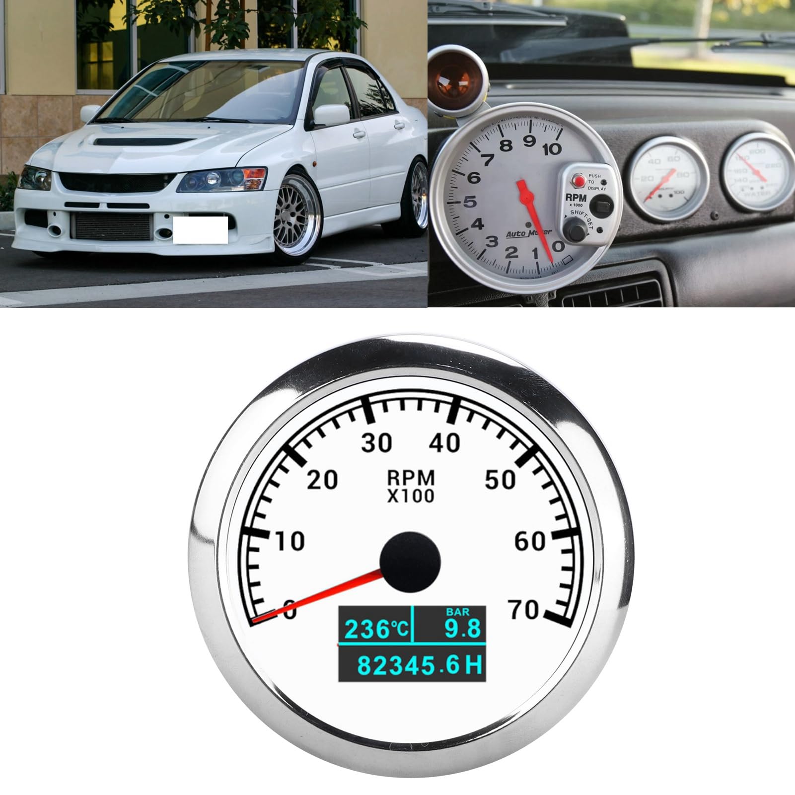 Contagiri per Auto Contagiri Multifunzionale Efficiente 3 in 1 per Appassionati di Auto o Hobbisti ABS in Acciaio Inossidabile (quadrante bianco)