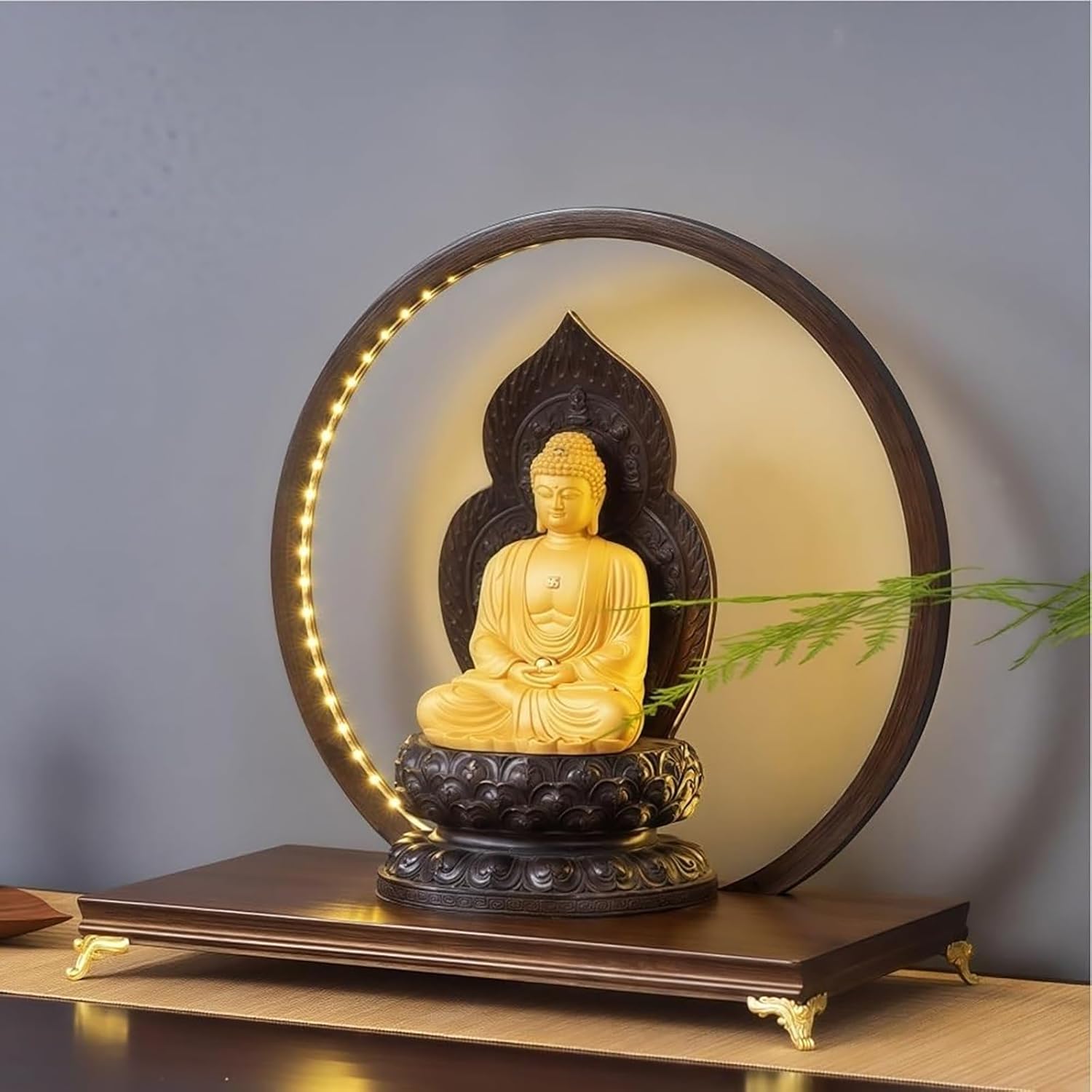 Solid Wood Prayer Bench, Altar Table with LED Light, Meditation Table with USB Port, Buddhist Alta with Copper Feet, Pooja Cabinet for Office Home,Can Be Used for A Long Time(Reddish Brown)