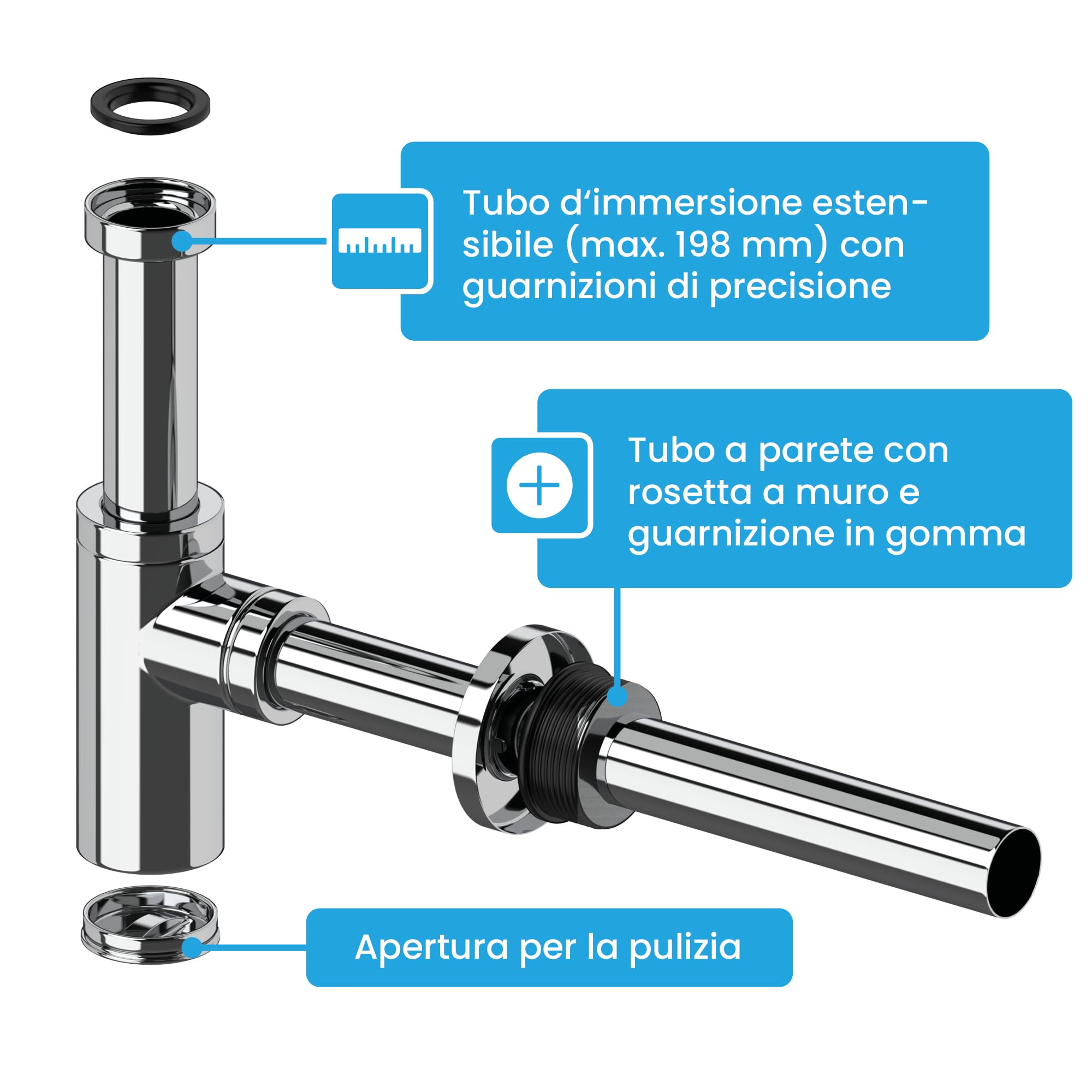 Bächlein Sifone di design universale per lavabo e mobile lavabo - piletta che si adatta perfettamente - sifone antiodore con apertura per la pulizia