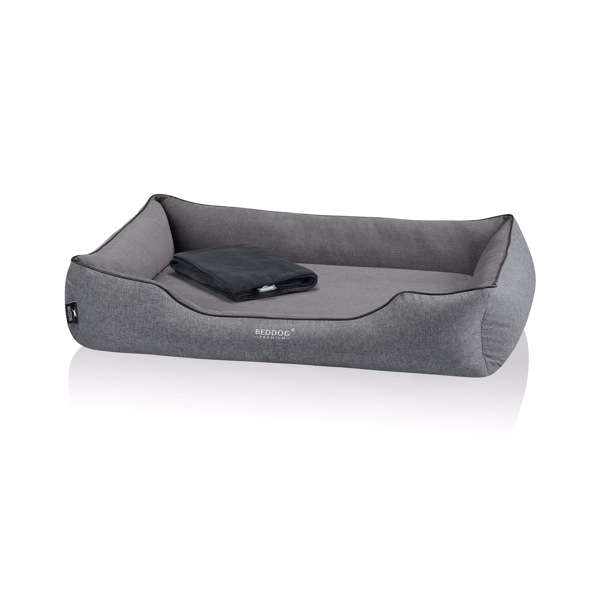BedDog Premium Ortopedyczne legowisko dla psa CLARA, poduszka dla psa ze zdejmowanym pokrowcem, przytulny kocyk jako dodatek - ROCK (szary)