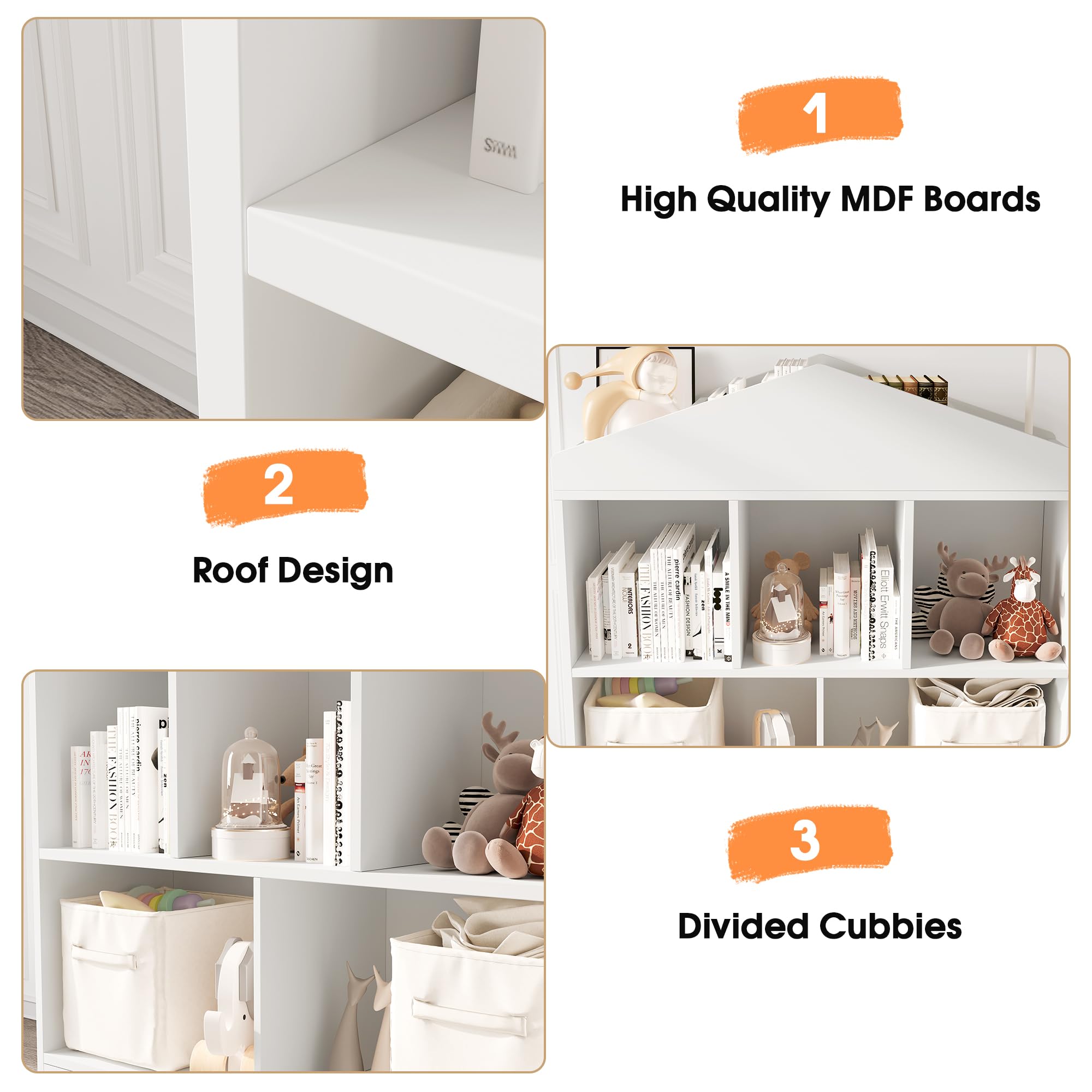 GarveeHome Estantería Infantil Blanca de Madera con 5 Compartimentos y Techo - Organizador Moderno para Libros y Juguetes Habitaciones Infantiles, aulas y Salas de Juegos - Blanco