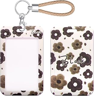 ID Card Badge Holder Key Chain with Metal Keyring, Plastic Slide Open with ID Window for Women Men Girls Students,Coffee Coloured Flowers