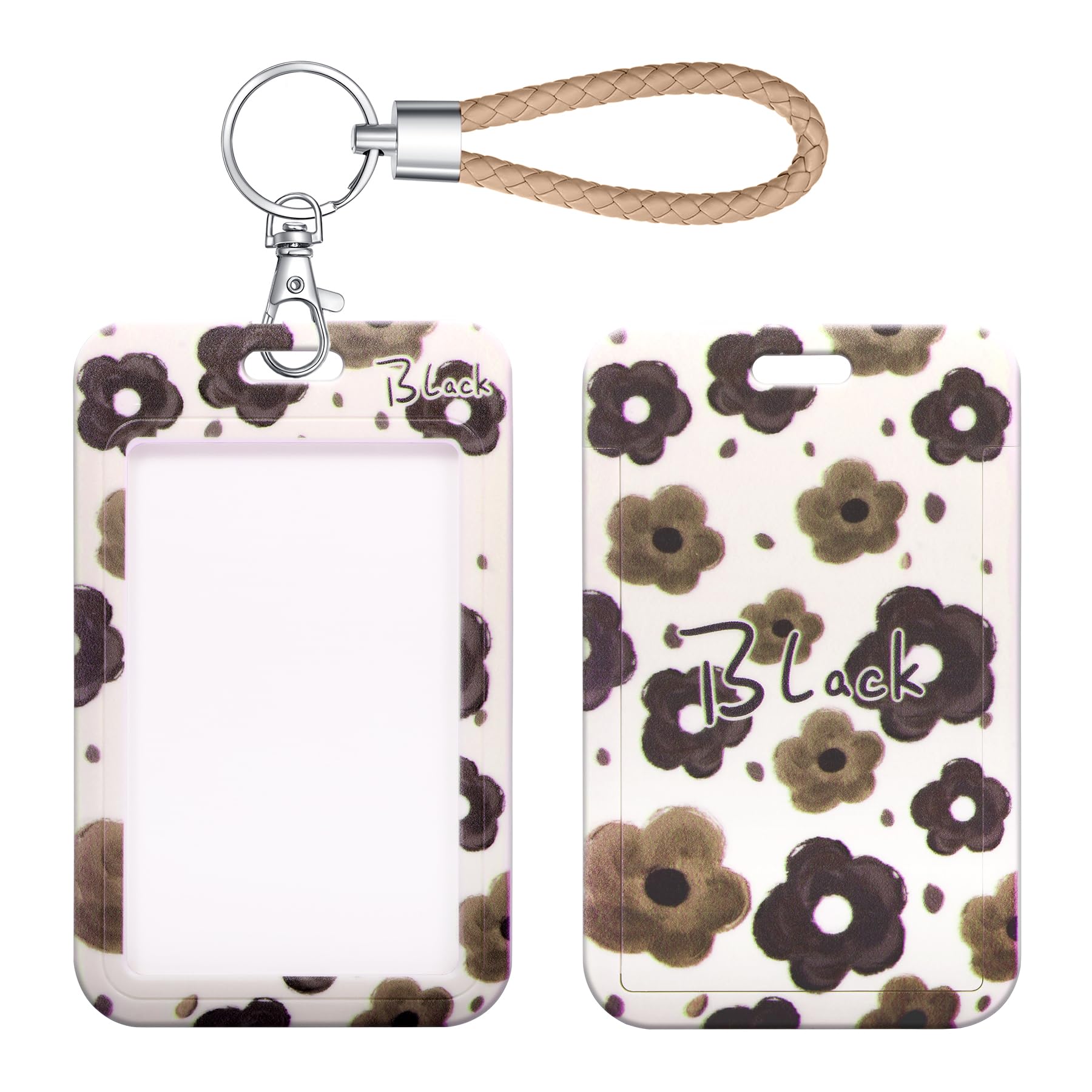SHININGEYES ID Card Badge Holder Key Chain with Metal Keyring, Plastic Slide Open with ID Window for Women Men Girls Students,Coffee Coloured Flowers