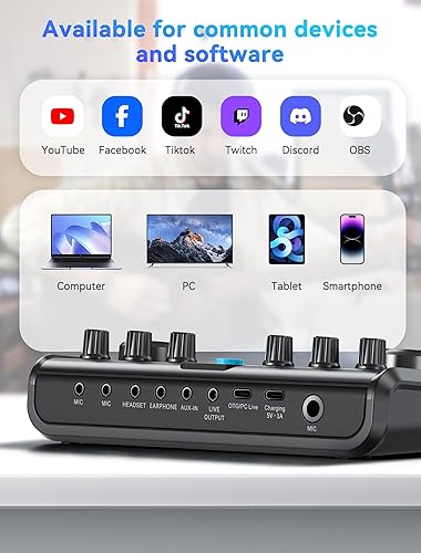 Miniatura 6 de SINWE Paquete de equipo de podcast, interfaz de audio con micrófono de condensador de estudio para teléfono inteligente y PC, tarjeta de sonido en