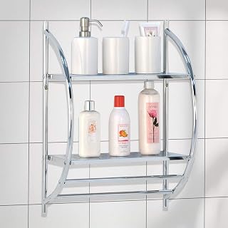 Taylor & Brown 2 Tier Modern Chrome Wall Mounted Curved Bathroom Shelf Shelving Unit With Double Towel Holder Storage Rail Rack - W44 x D25 x H54.5cm