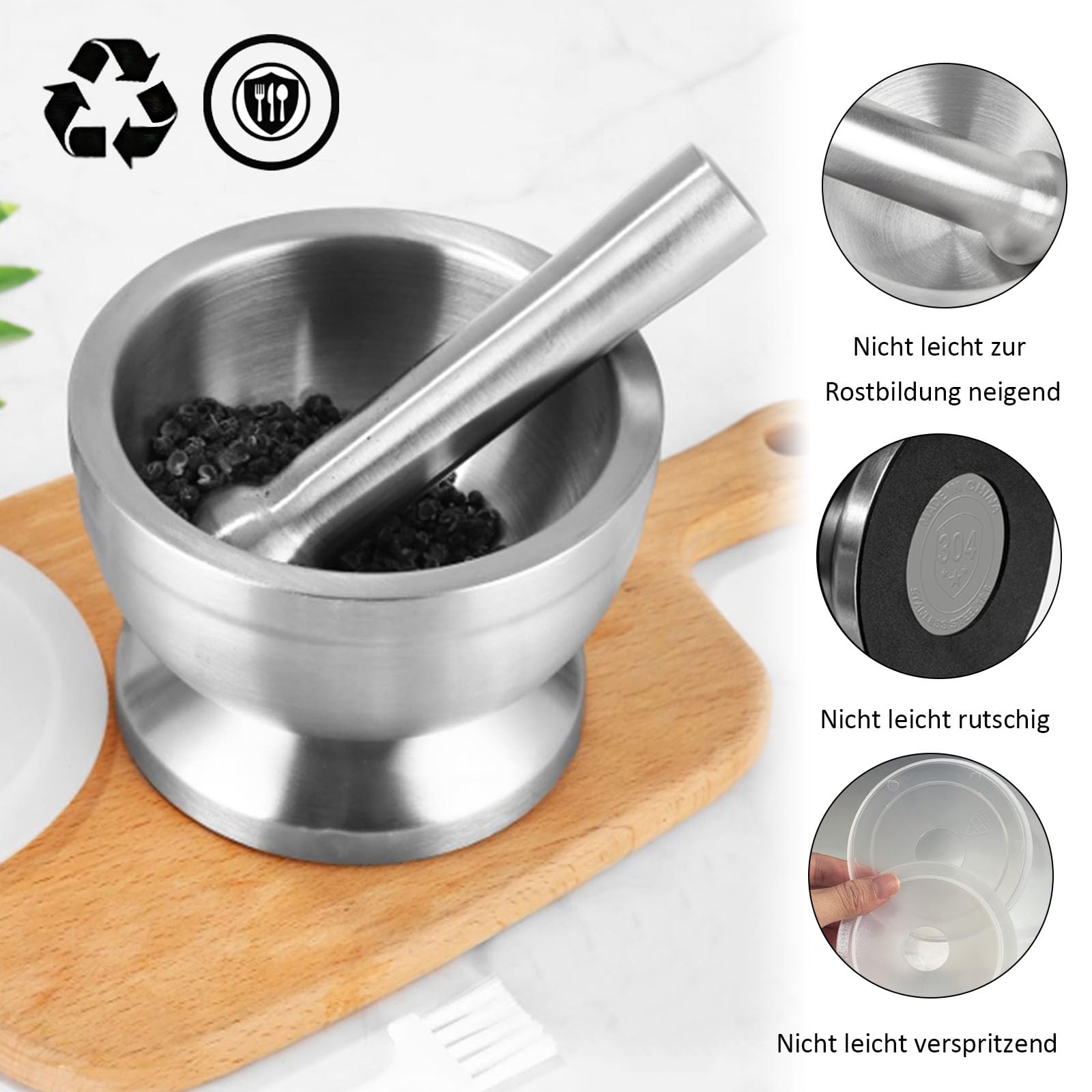 Mortero de Acero Inoxidable 304, 250ml, 10cm, con Cepillo, Cuchara y Tapa de Silicona