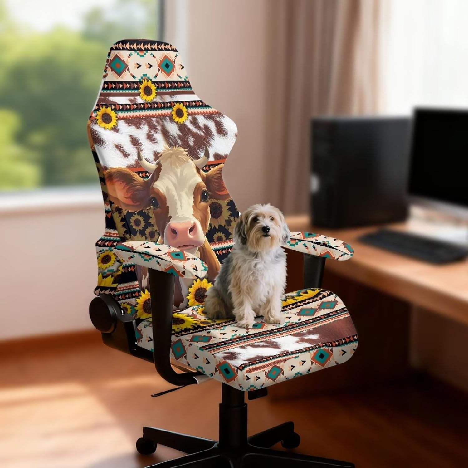 Gaming Chair Covers with Armrest Covers Aztec Tribal Sunflower Cow Print Non-Slip Computer Chair Slipcovers Removable Swivel Boss Armchair Decor Cover