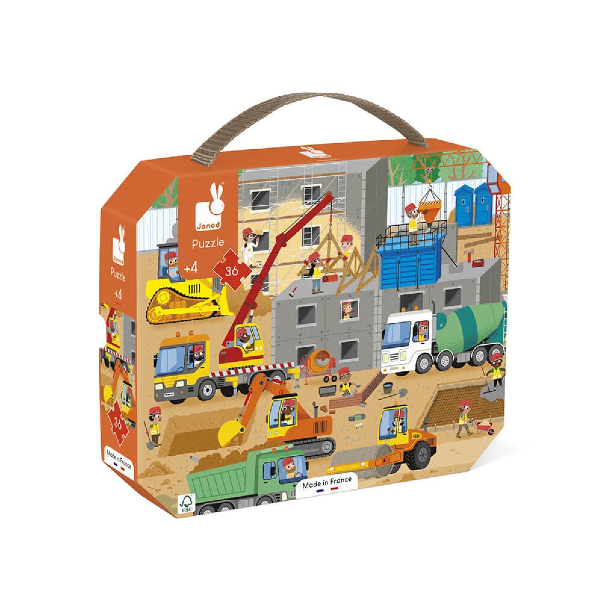 Janod - Puzzle Enfant Le Chantier 36 Pièces - Jeu Educatif Motricité Fine et Concentration - Valisette Poignée - Fabriqué en France et Certifié FSC - Dès 4 Ans, J02604 - Multicolore