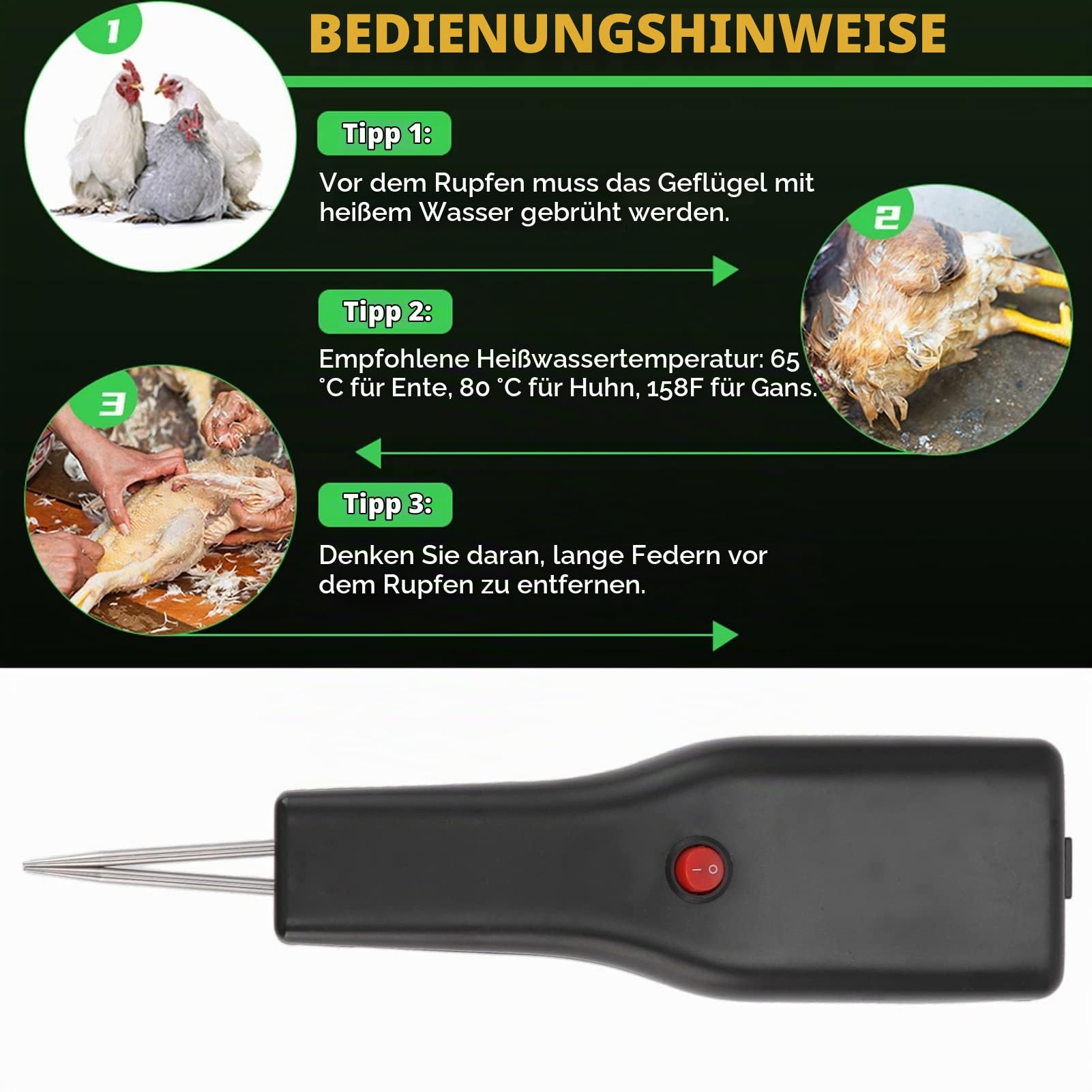 Focket Handgeführte Hühnerrupfmaschine, 100 240V wiederaufladbare elektrische Federentfernung, professioneller Geflügelrupf Federentferner für Gans, Pute, Vogel, Ente, automatisch, tragba