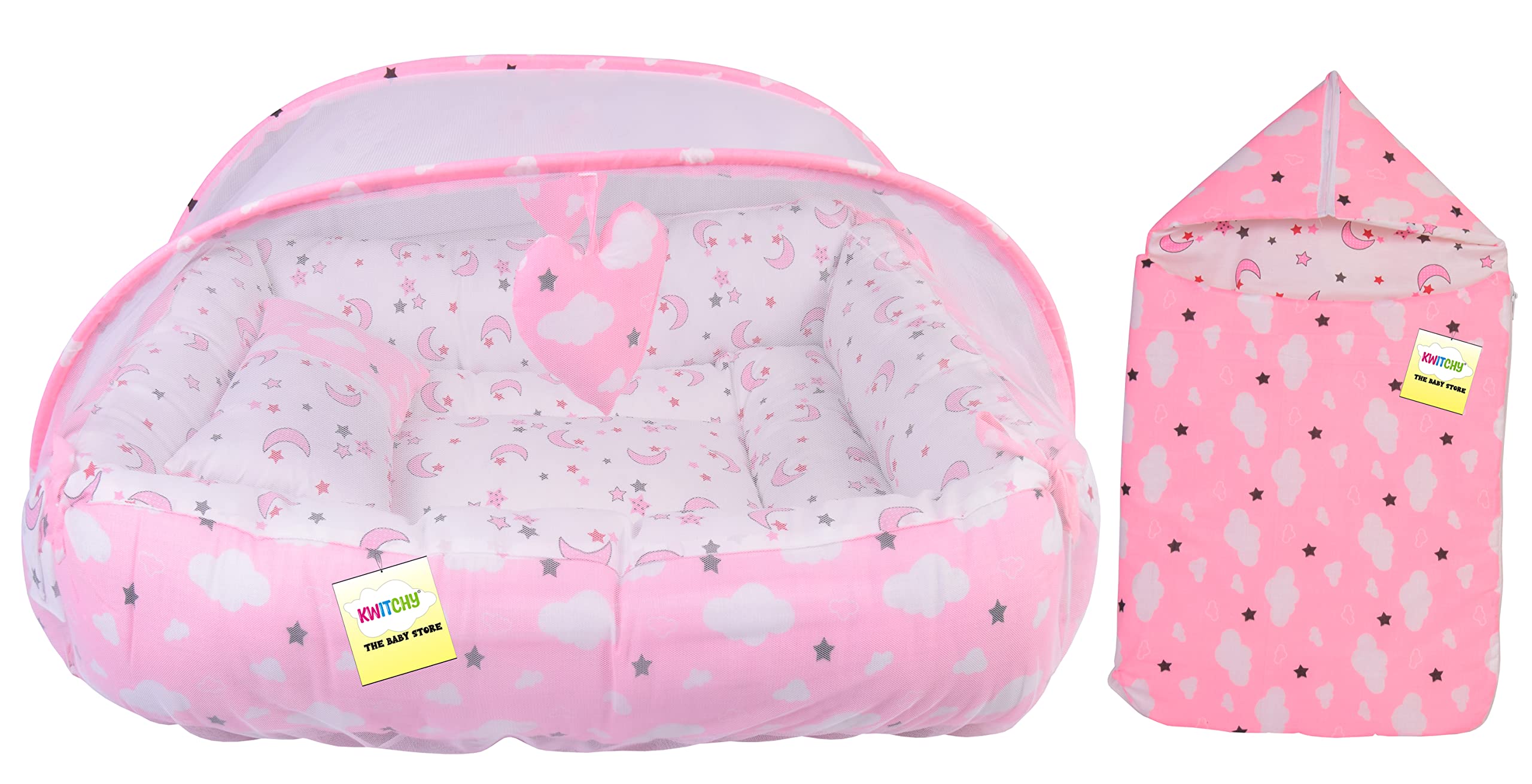 Kwitchy New Born Baby Bedding Set Luxury Mattress with Net & Sleeping Bag Combo (0-12 Months) Pink