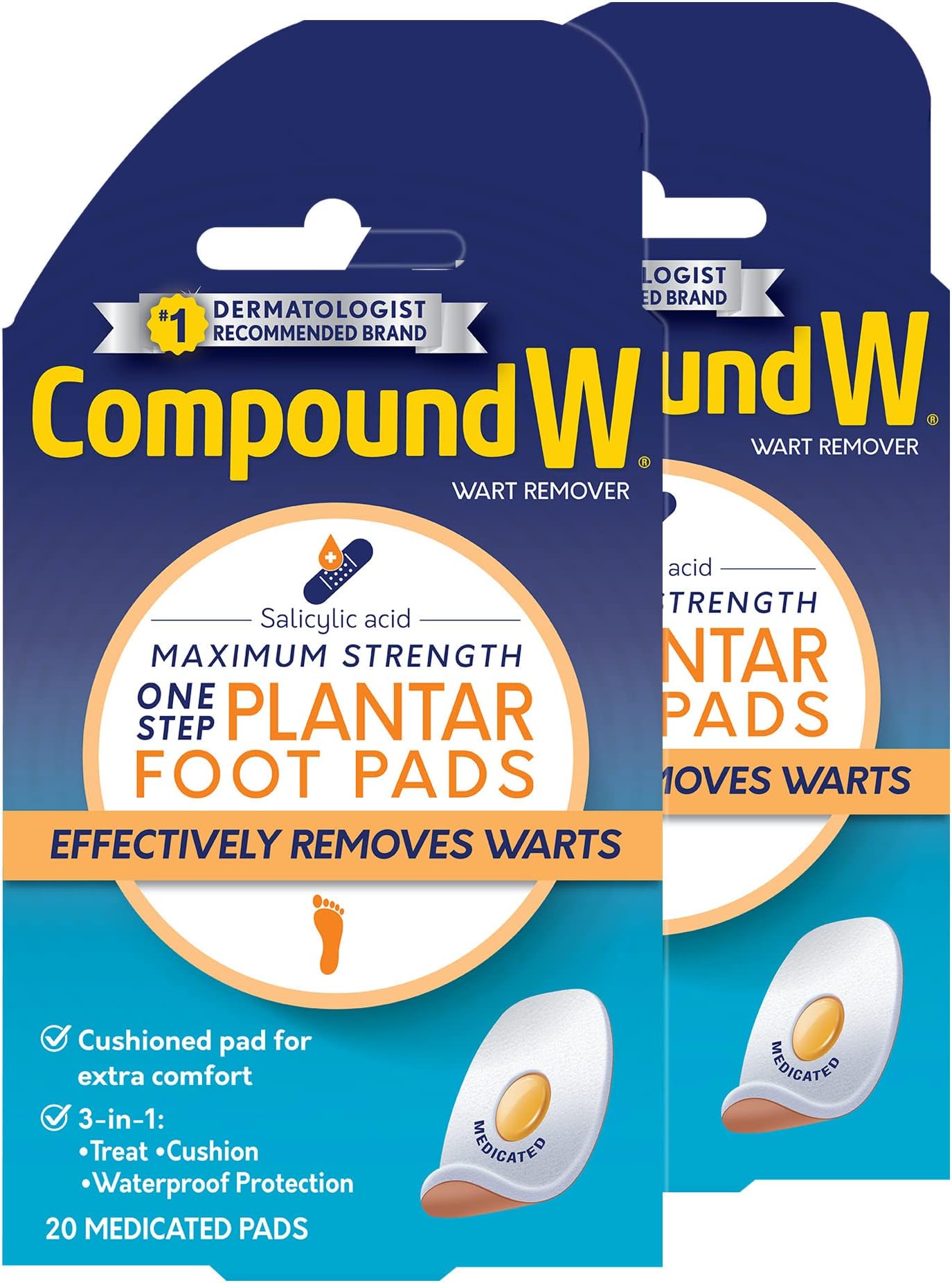 Compound WMaximum Strength One Step Plantar Wart Remover Foot Pads, 20 CT, 2 Pack