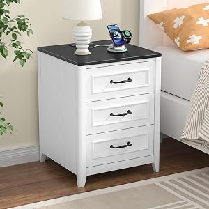 Farmhouse Nightstand with Charging Station, White Night Stands with 3 Drawers, Wood Bedside Table for Bedroom, Modern End Table for Sofa Dom Small Spaces