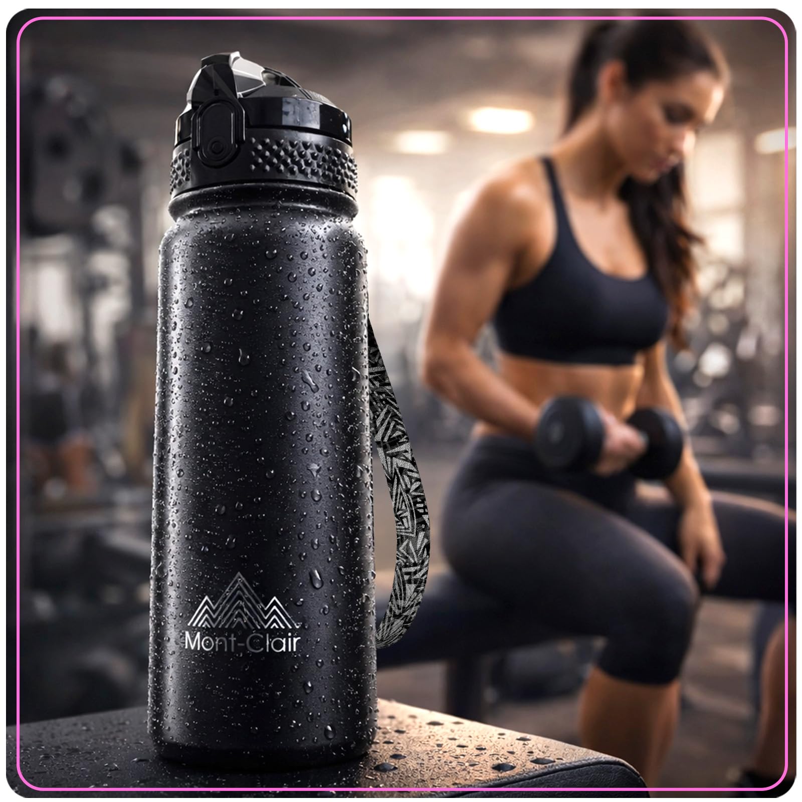 Mont-Clair Borraccia in Acciaio Inossidabile con Cannuccia - 600ml - Borraccia in Metallo senza BPA - Bottiglie d'Acqua per Bici Campeggio Sport - Disegno Brevettato - Nero