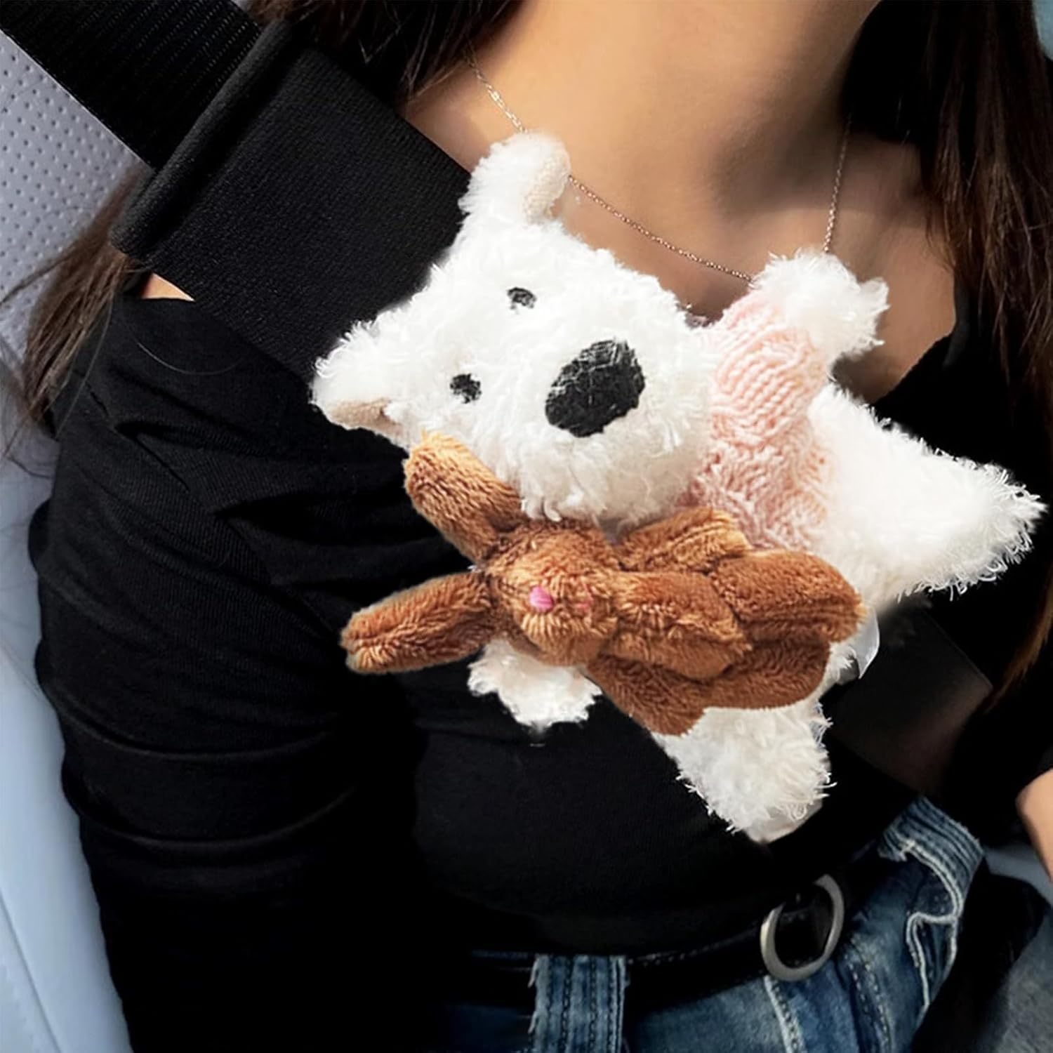 Cartoon Car Seat Belt Covers, Cute Dog Carseat Belt Cover Pad, West Highland White Terrier Seat Belt Covers Cushion, Universal Seatbelt Shoulder Strap Pads Covers (Brown, 4pc)