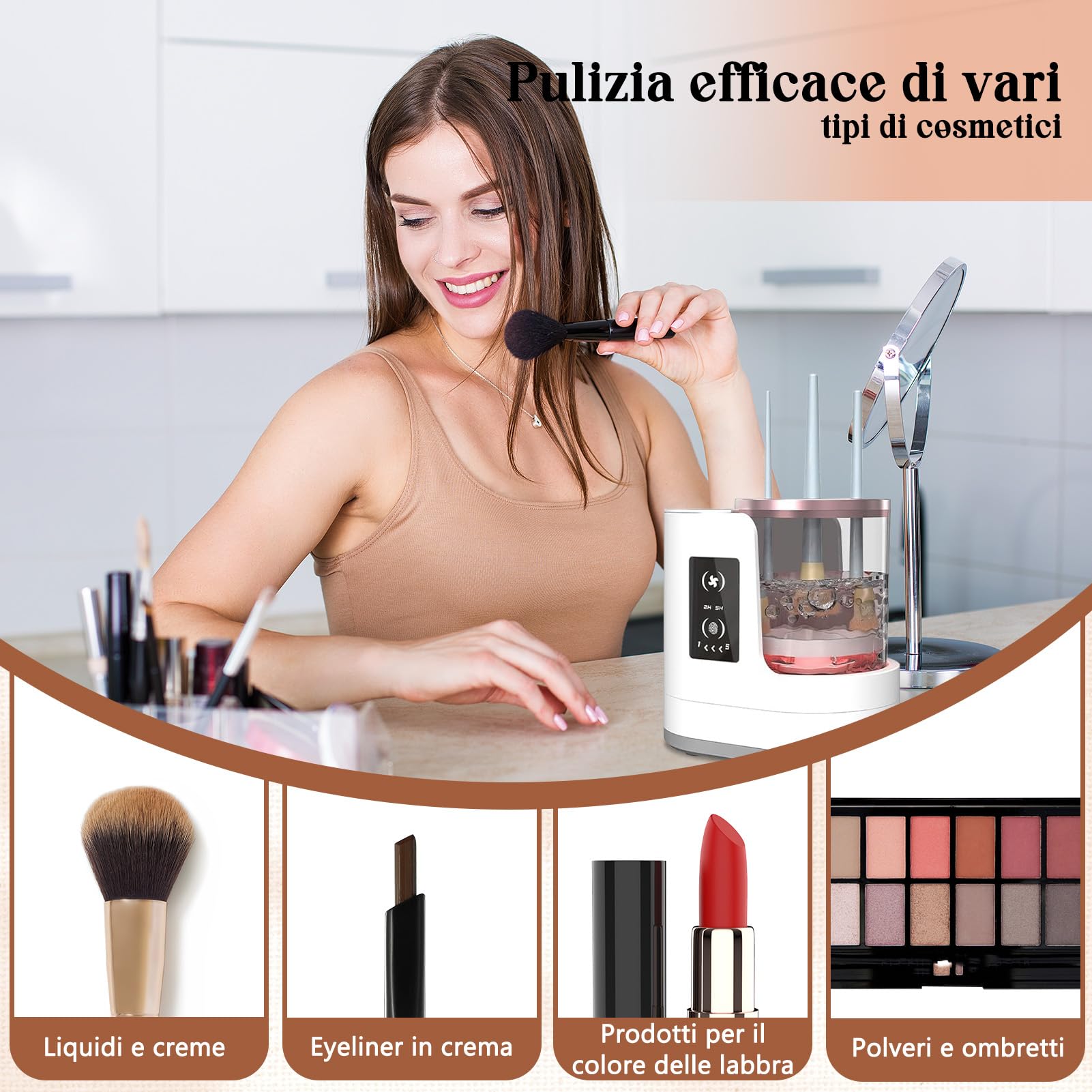 Pulitore Elettrico Automatico 3in1 Pennelli Make-up con Asciugatrice – Macchina Plugin, Includi Stazione Asciugatura & Cura Igienica