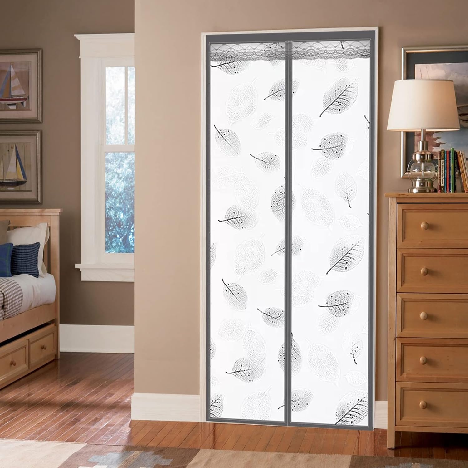 VXHCS Insulated Door Curtain, EVA Door Screen, Magnetic Thermal and Insulation Hands Free Windproof Waterproof Suitable for Bedroom,Entrance (Color : Gray Leaves, Size : 85x200cm)
