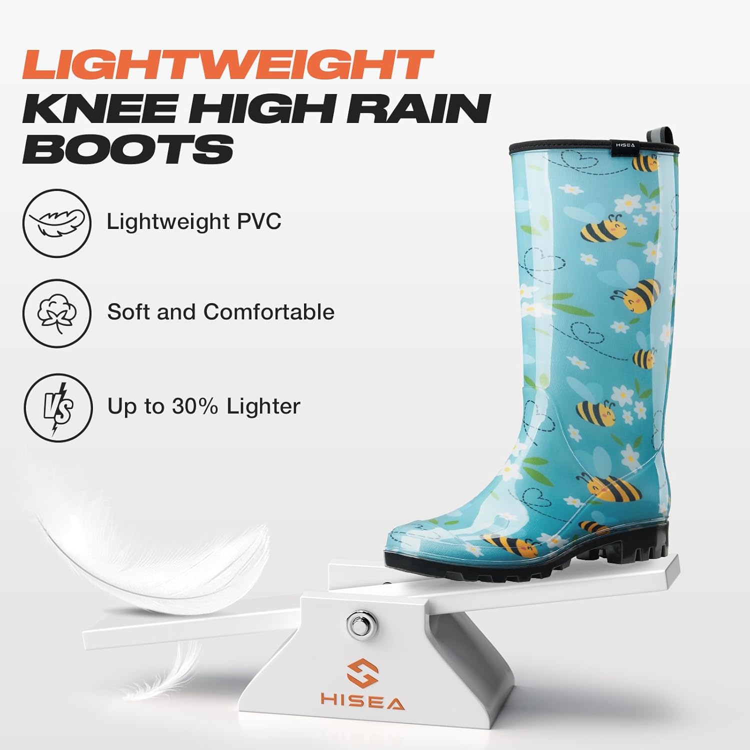 HISEA Women's Tall Rain Boots Slim Calf Waterproof Garden Boots Fashion Printed Rubber Boot Knee High Rain Shoes for Outdoor Gardening Yard Mud Work 8 Bee Print Light Blue image 2 of 4 B0DBZ4F49D