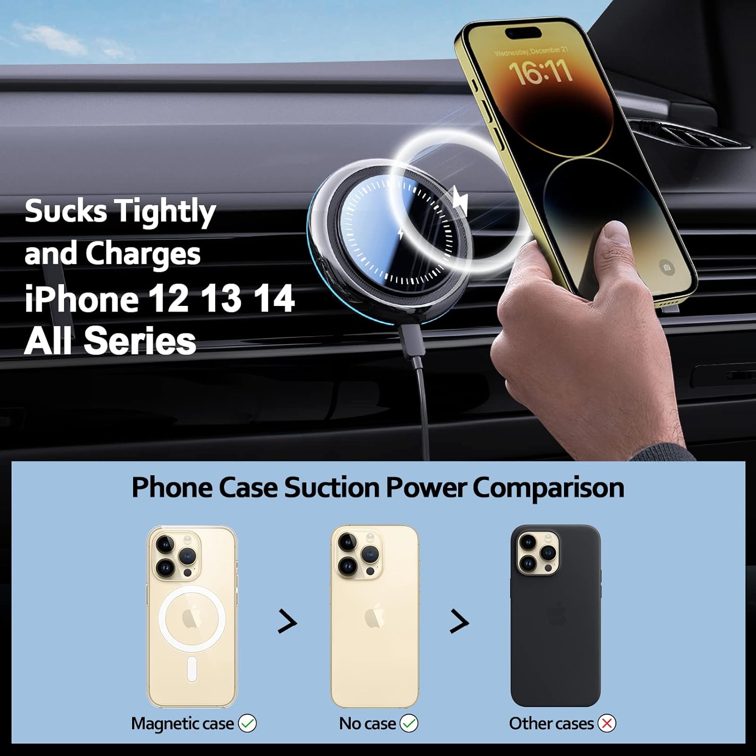 UCOMX Magnetic Car Mount Charger,15W Bullet Speed Fast Wireless Car Charging Mount,Texas Level Anti-Shake Phone Holder,Compatible for iPhone 14/13/12 Serise (Include 52.5W Adapter)