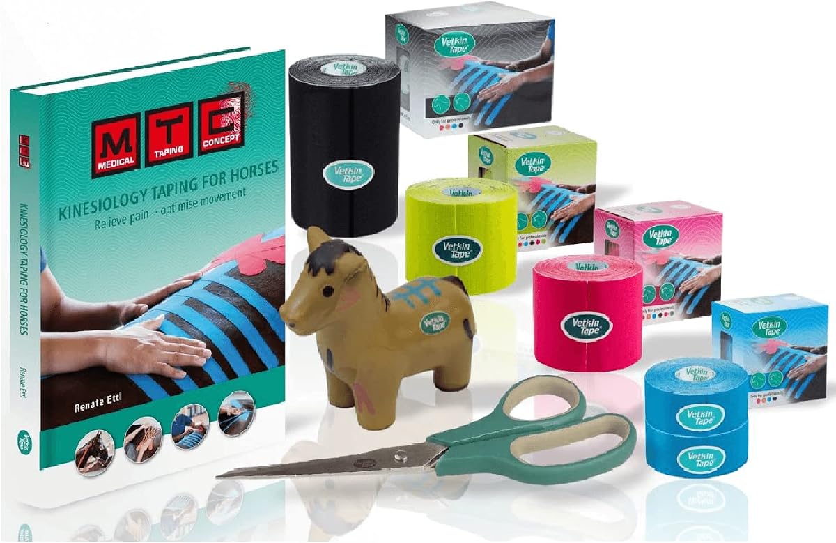 VETKIN Canine & Equine Kinesiology Tape, Intro Offer 3 Size Tapes | Includes 1.2, 2.4 & 4-inch veterinary kinesiology tape, horse taping guide and premium scissors. Complete equine taping kit.