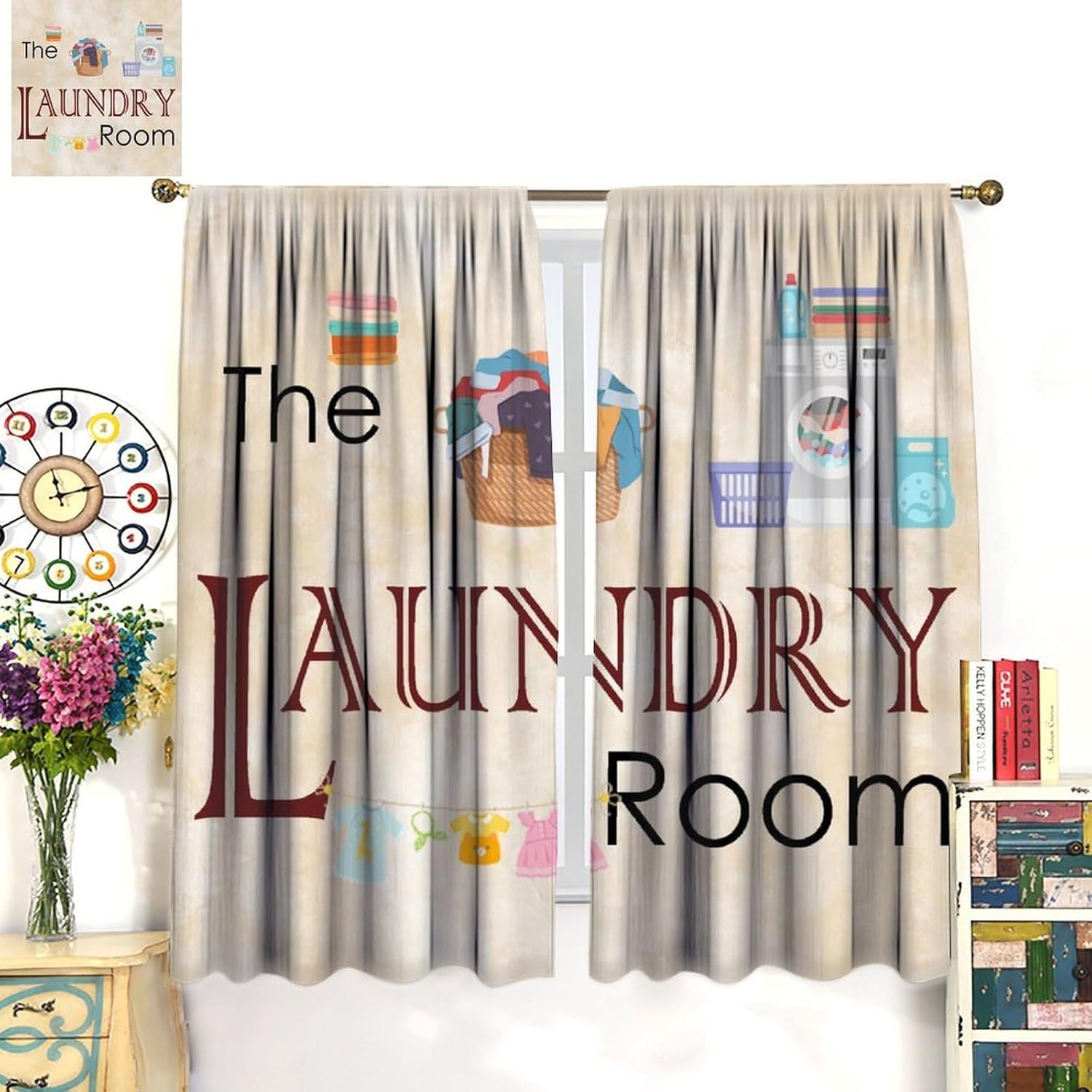 Country Laundry Room Curtain,Retro Farm Dry Wash Fold Repeat Cartoon Clothes Blackout Rod Pocket Window Curtain,for Boys Girls Living Room Bedroom Kitchen Cafe Farmhouse 42" W X 45" L